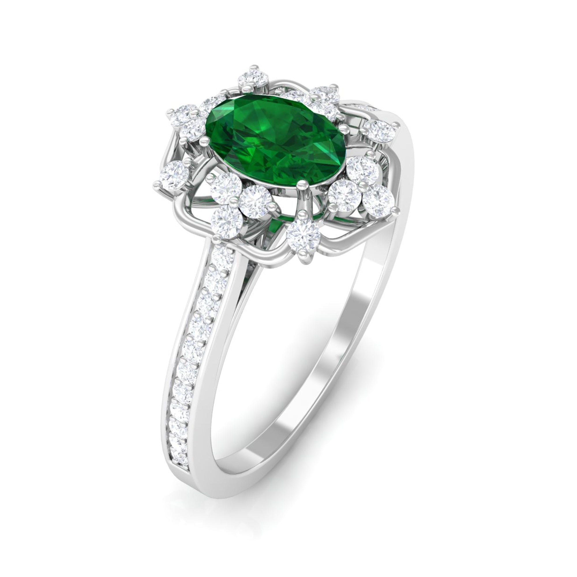 Vintage Style Created Emerald and Diamond Flower Engagement Ring Lab Created Emerald - ( AAAA ) - Quality - Rosec Jewels