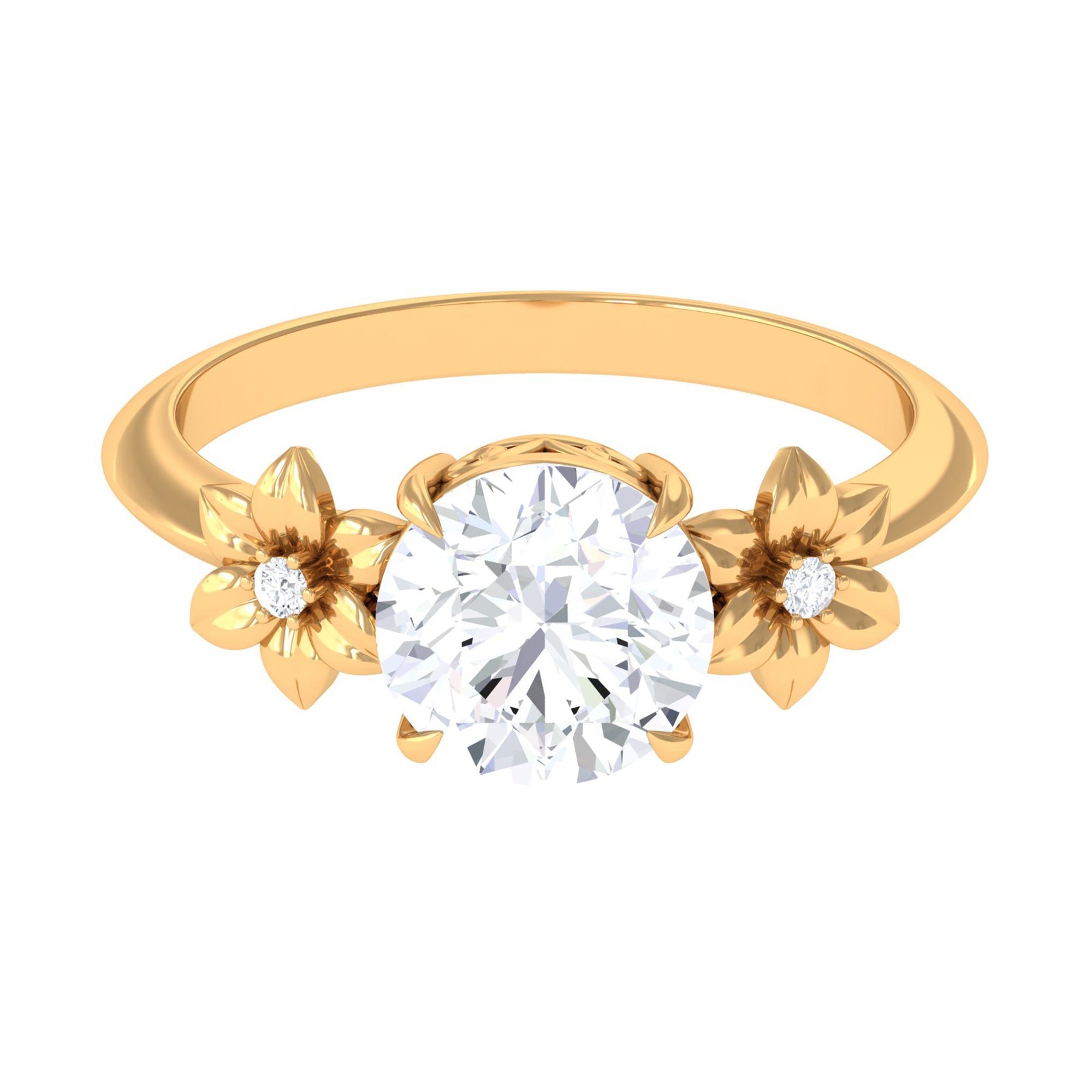 Round Zircon Solitaire Gold Flower Engagement Ring Zircon - ( AAAA ) - Quality - Rosec Jewels