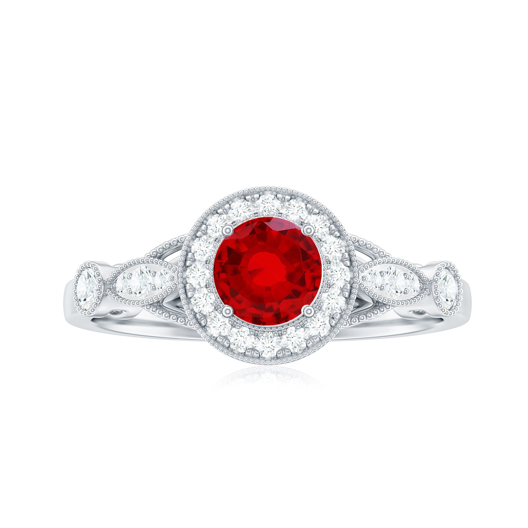 Created Ruby and Diamond Antique Style Engagement Ring Lab Created Ruby - ( AAAA ) - Quality - Rosec Jewels