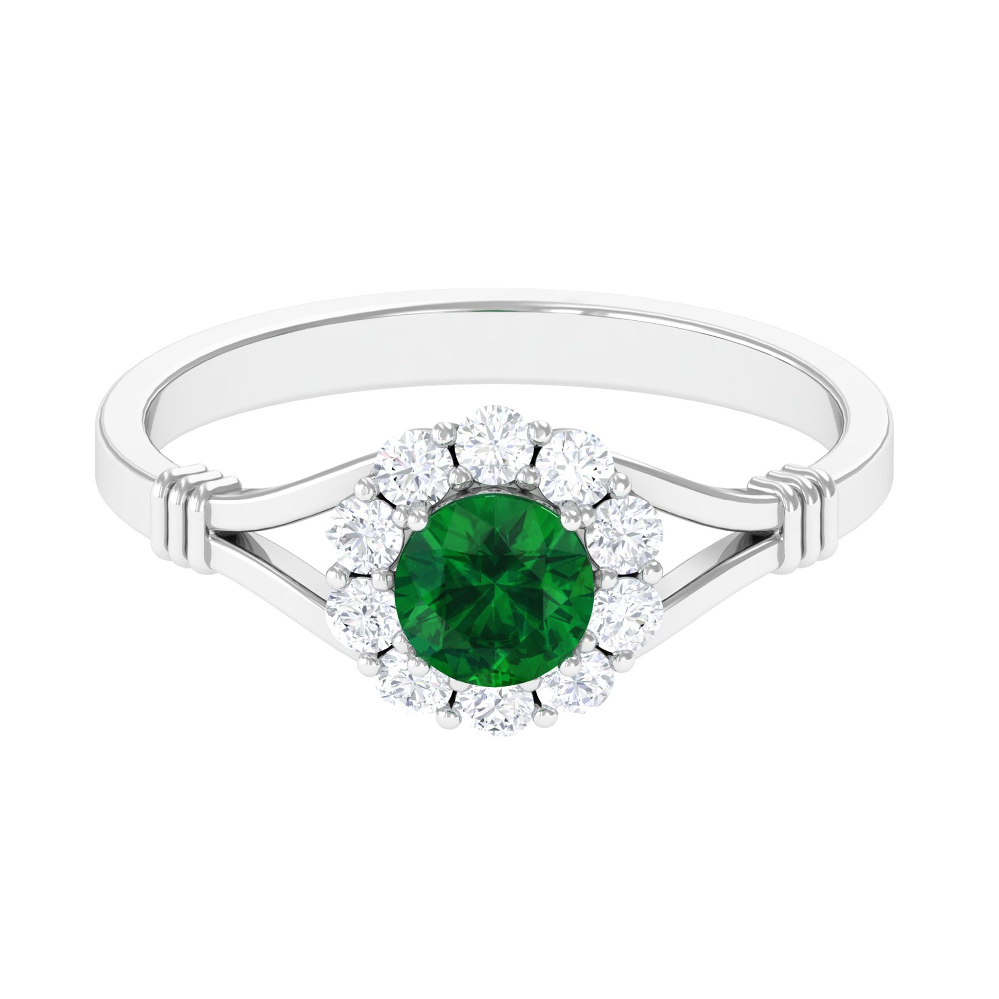 1 CT Round Created Emerald Flower Ring with Diamond Halo in Split Shank Lab Created Emerald - ( AAAA ) - Quality - Rosec Jewels