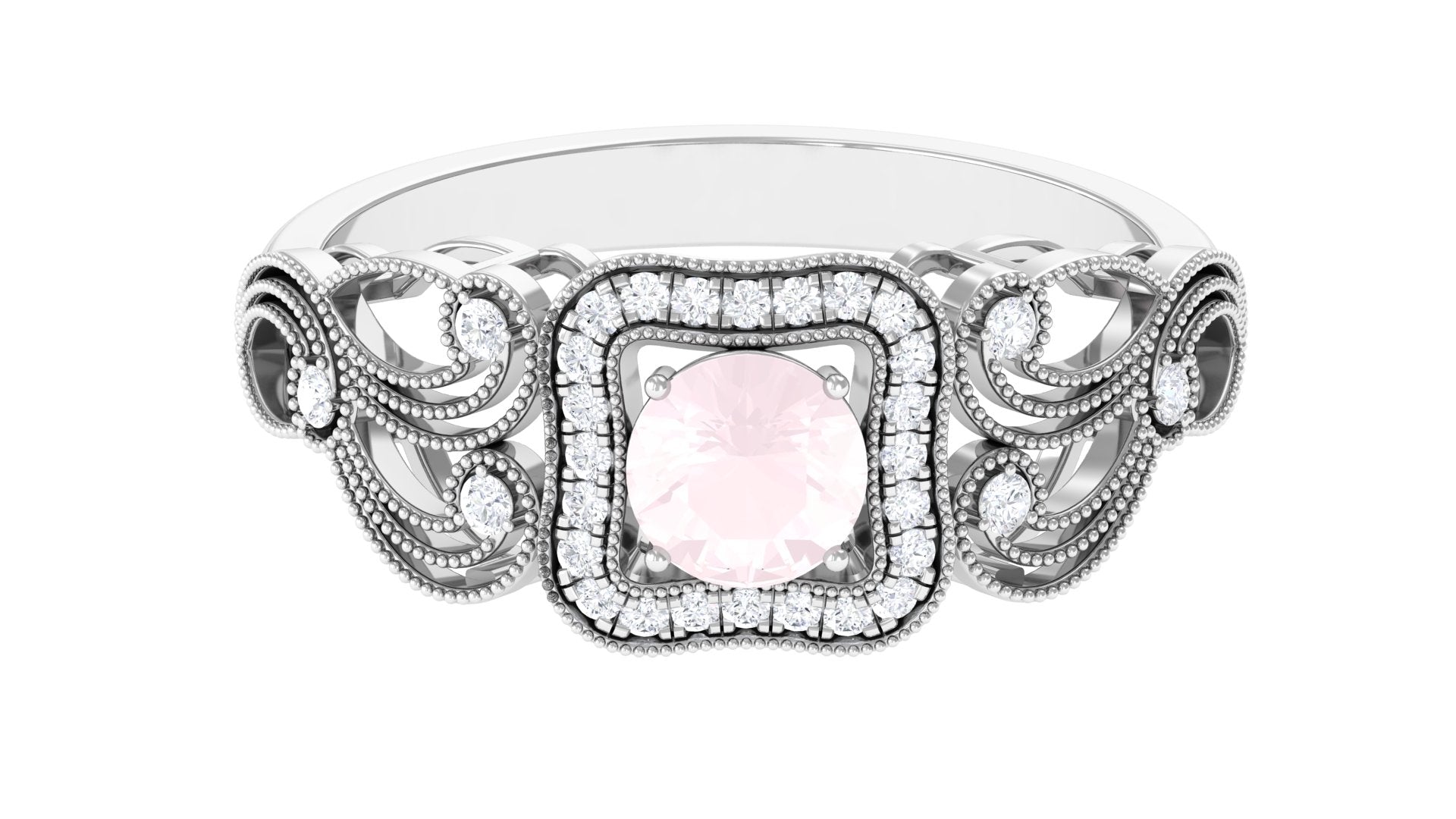 Vintage Rose Quartz and Diamond Milgrain Engagement Ring Rose Quartz - ( AAA ) - Quality - Rosec Jewels