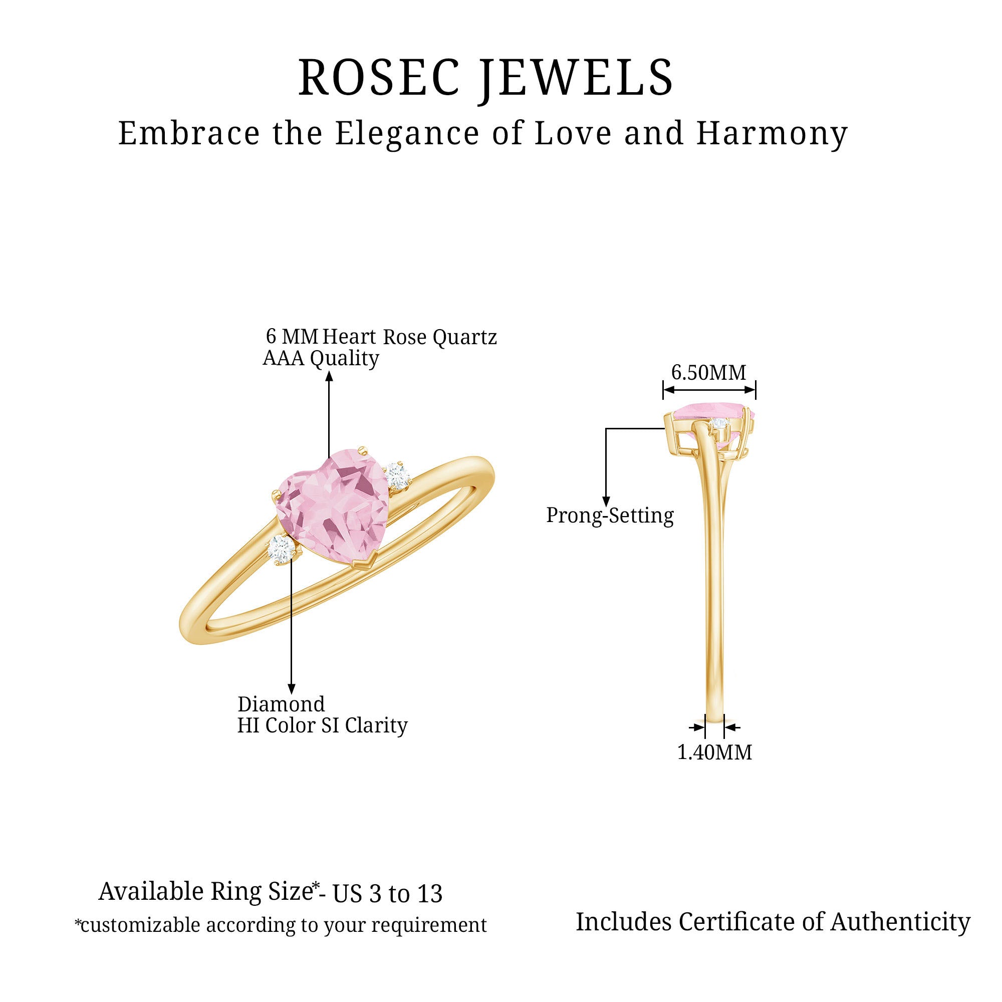 1 CT Heart Shape Rose Quartz Solitaire Promise Ring with Diamond Rose Quartz - ( AAA ) - Quality - Rosec Jewels