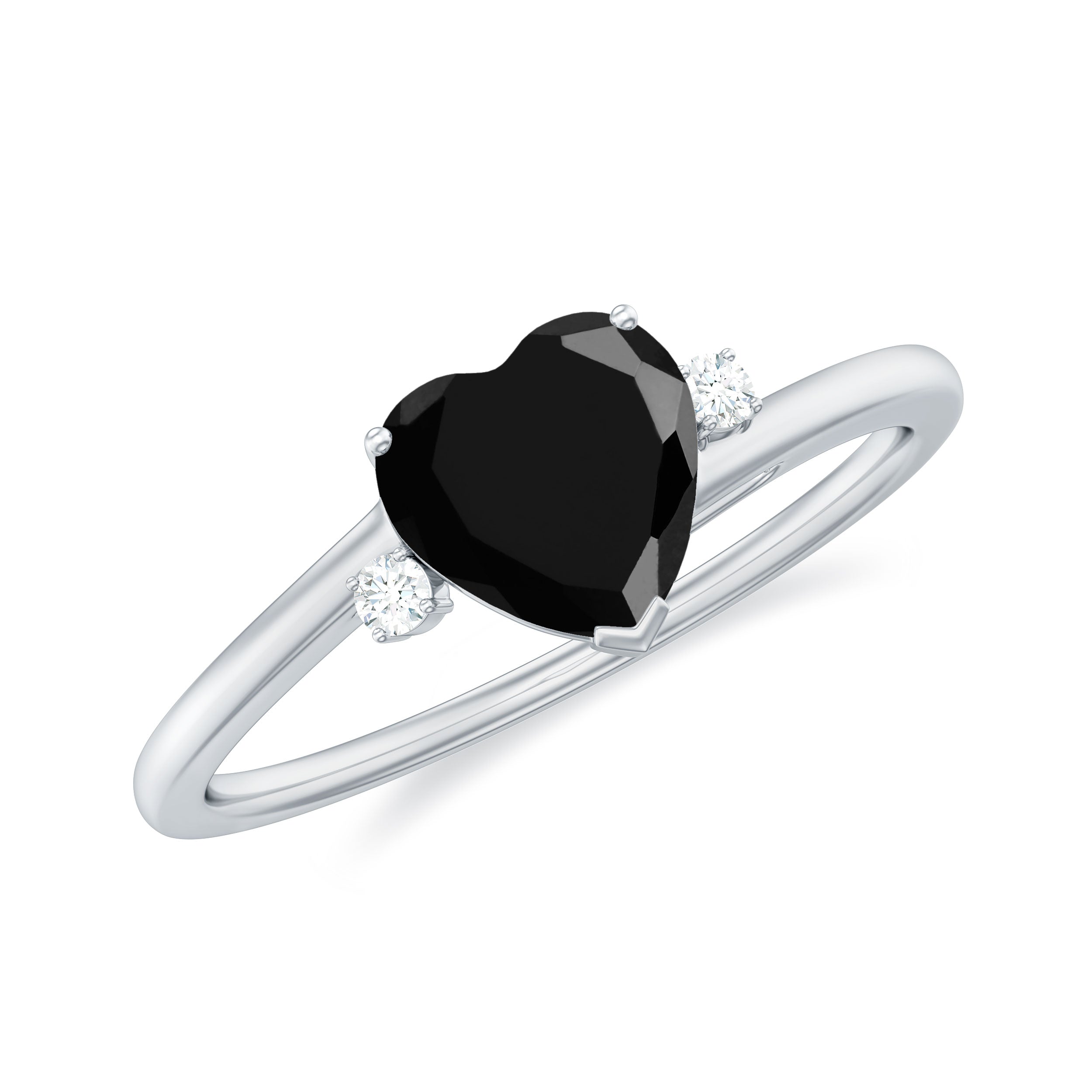 Heart Shape Black Spinel Solitaire Promise Ring with Diamond Black Spinel - ( AAA ) - Quality - Rosec Jewels