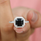 Asscher Cut Black Onyx Halo Engagement Ring with Diamond Black Onyx - ( AAA ) - Quality - Rosec Jewels