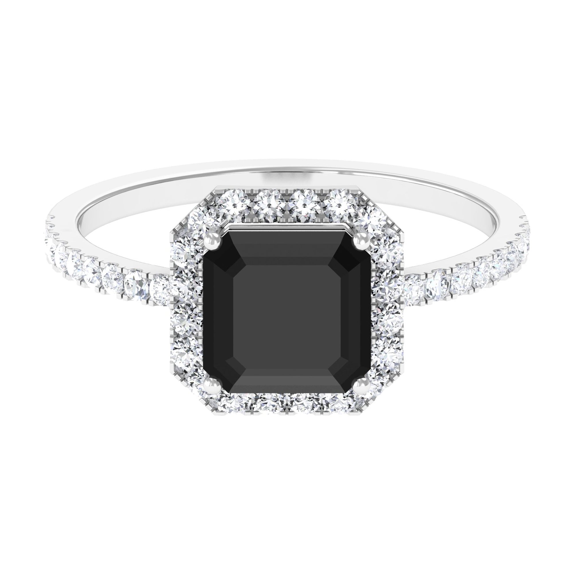 Asscher Cut Black Spinel Halo Engagement Ring with Diamond Black Spinel - ( AAA ) - Quality - Rosec Jewels