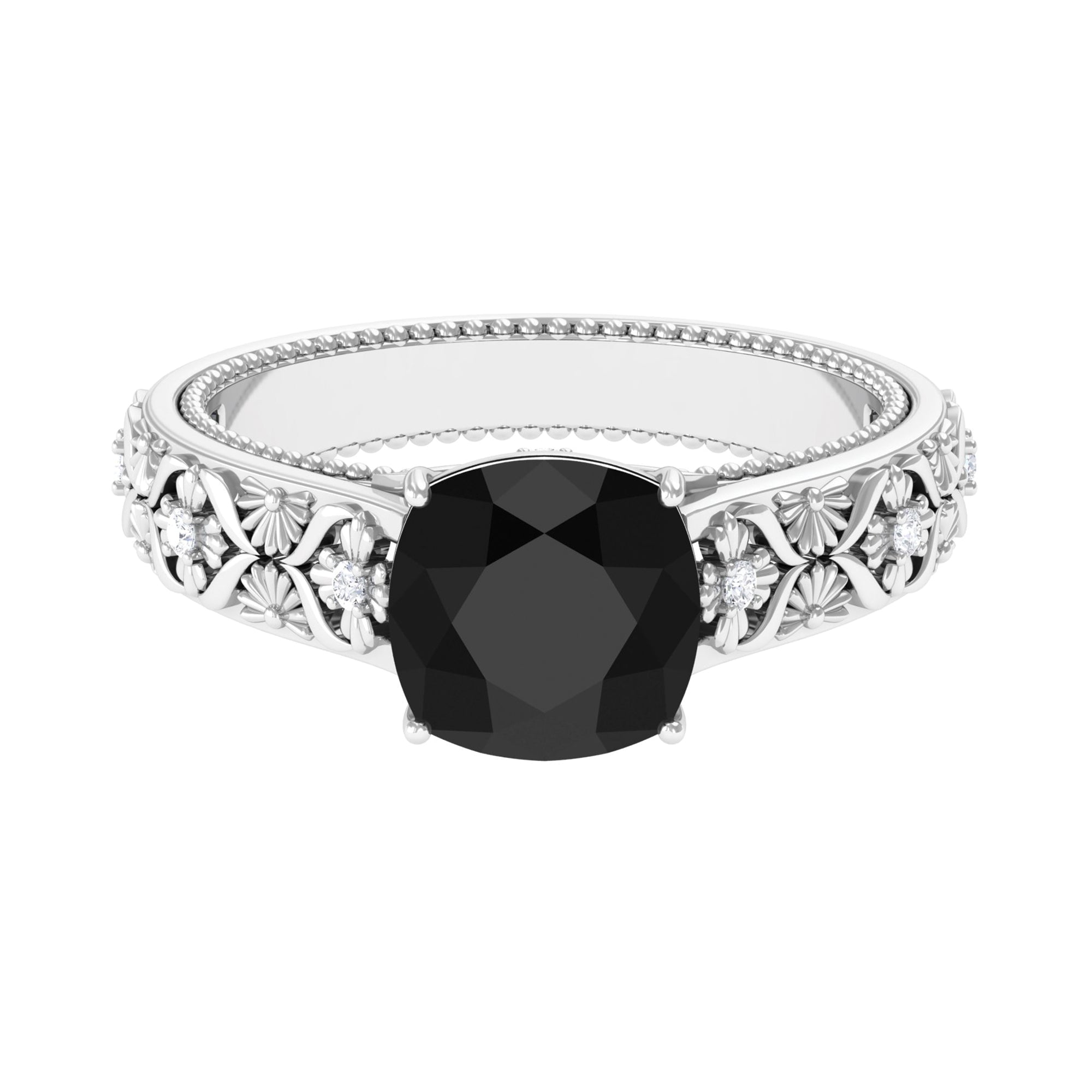 Cushion Cut Solitaire Created Black Diamond and Diamond Floral Engagement Ring Lab Created Black Diamond - ( AAAA ) - Quality - Rosec Jewels