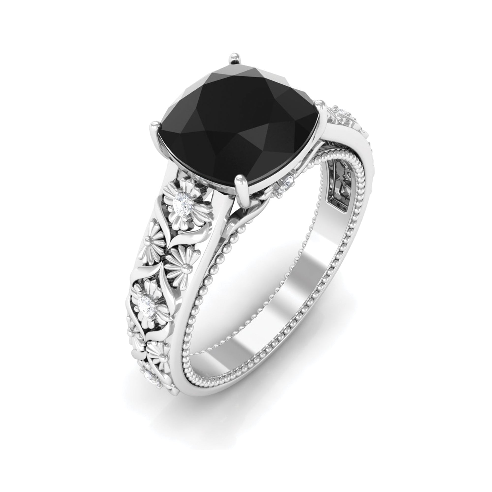 Cushion Cut Solitaire Created Black Diamond and Diamond Floral Engagement Ring Lab Created Black Diamond - ( AAAA ) - Quality - Rosec Jewels