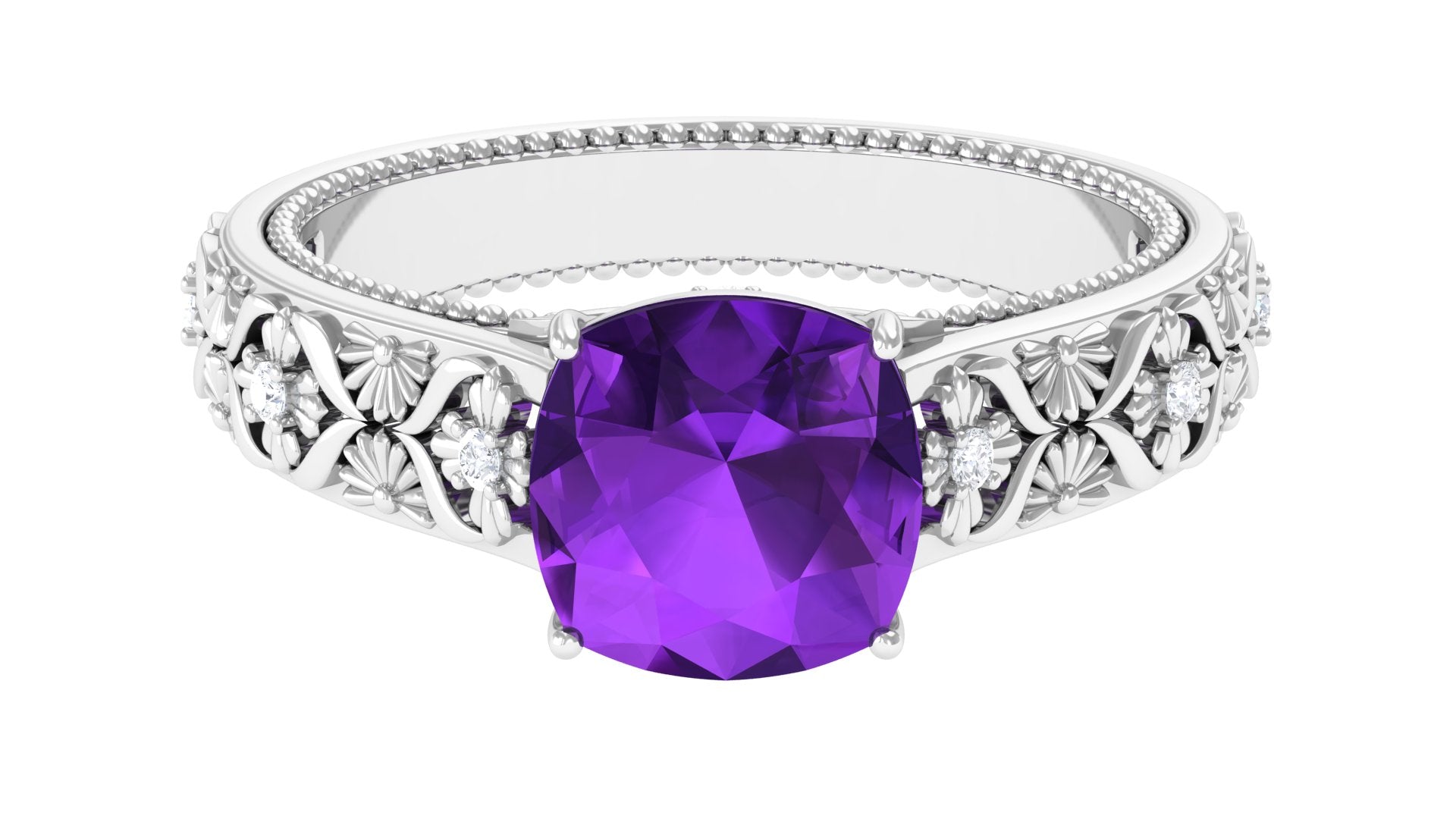 Cushion Cut Solitaire Amethyst Floral Engagement Ring with Diamond Amethyst - ( AAA ) - Quality - Rosec Jewels