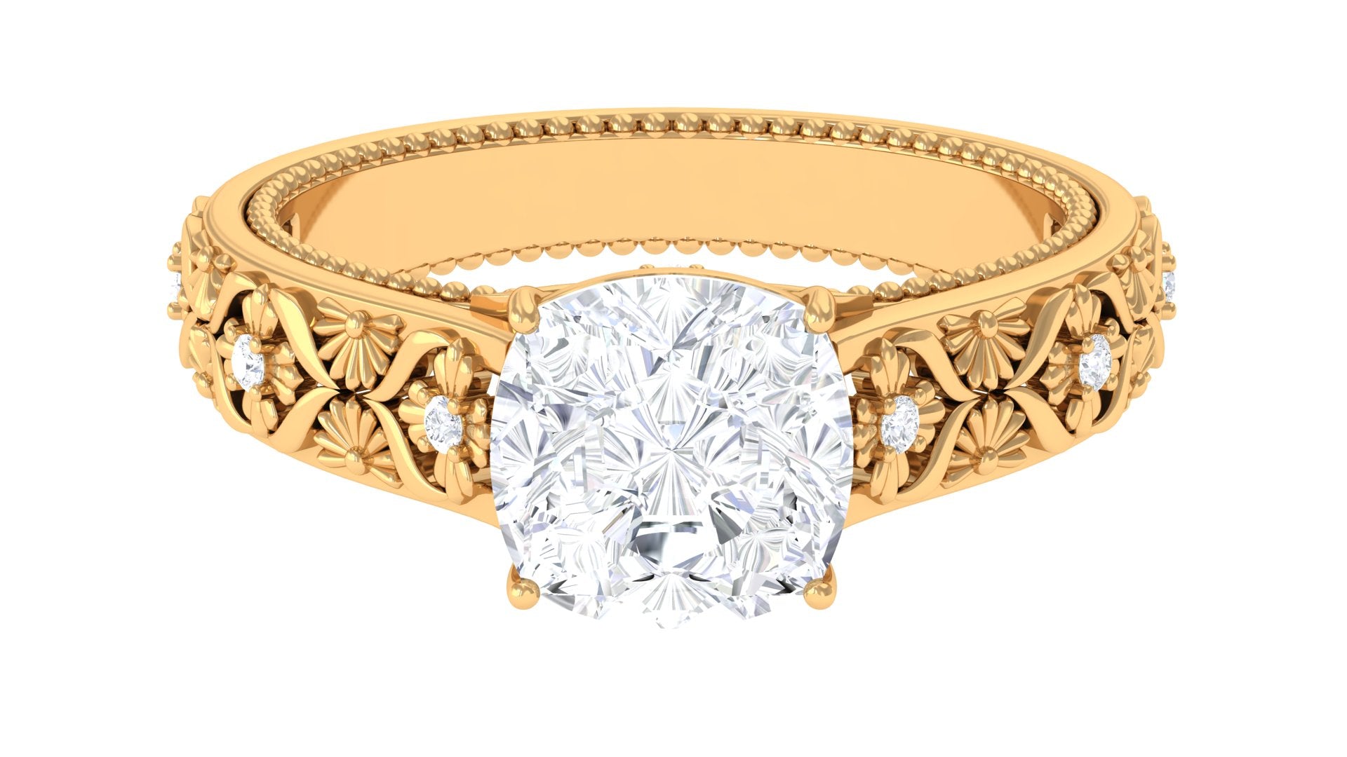 Cushion Cut Solitaire Zircon Gold Floral Engagement Ring Zircon - ( AAAA ) - Quality - Rosec Jewels