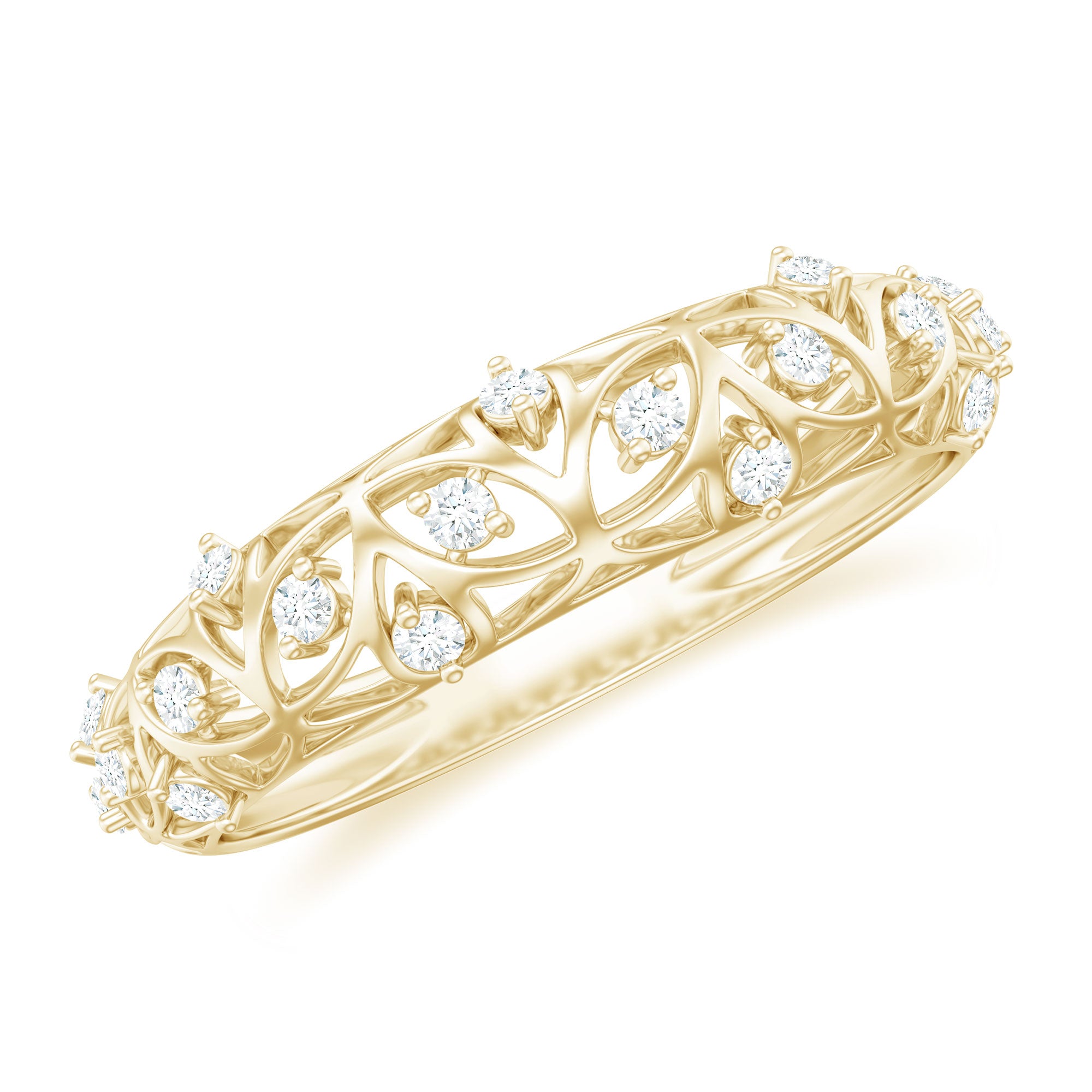 Round Zircon Semi Eternity Band Ring with Gold Filigree Details Zircon - ( AAAA ) - Quality - Rosec Jewels