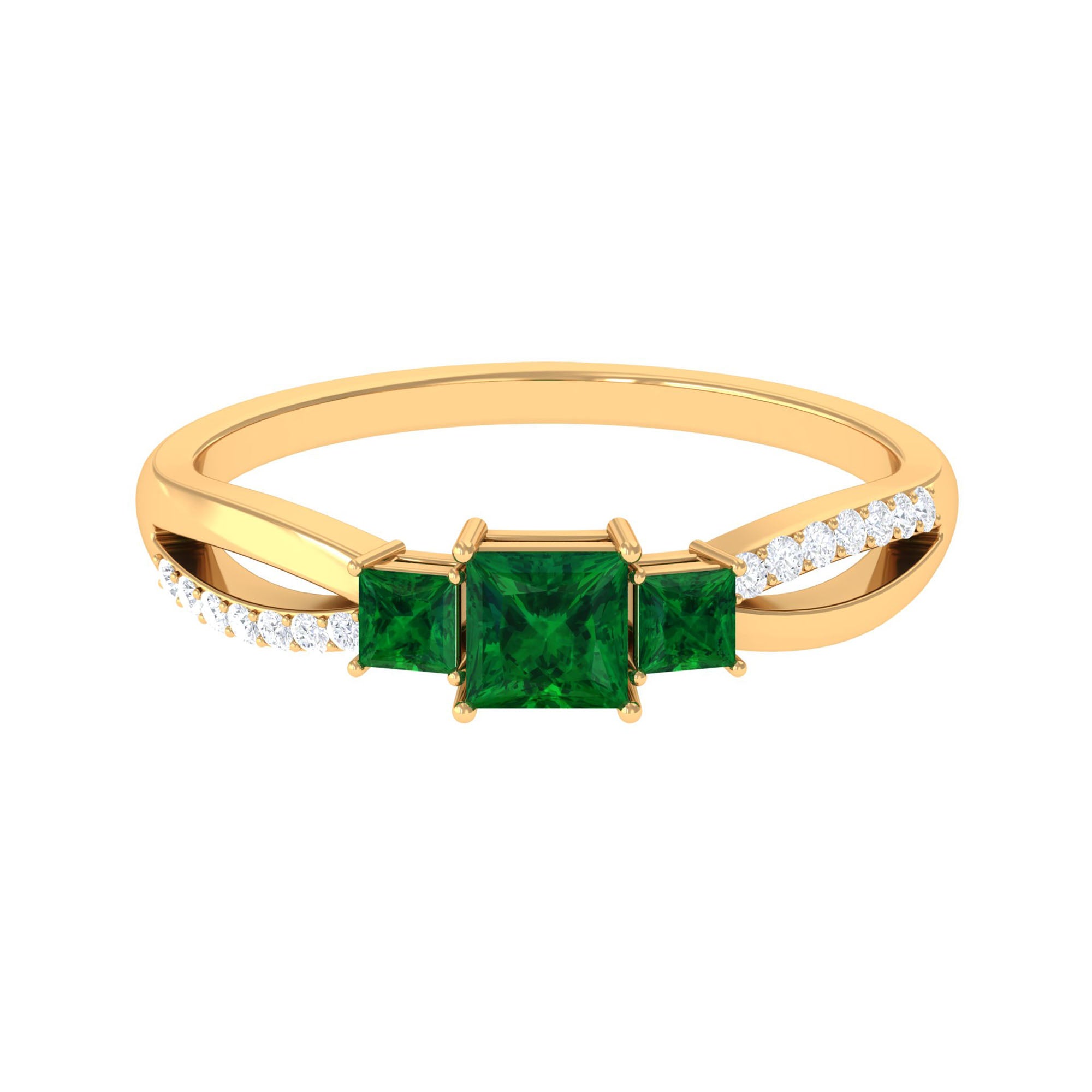 Princess Cut Created Emerald 3 Stone Ring with Diamond Lab Created Emerald - ( AAAA ) - Quality - Rosec Jewels