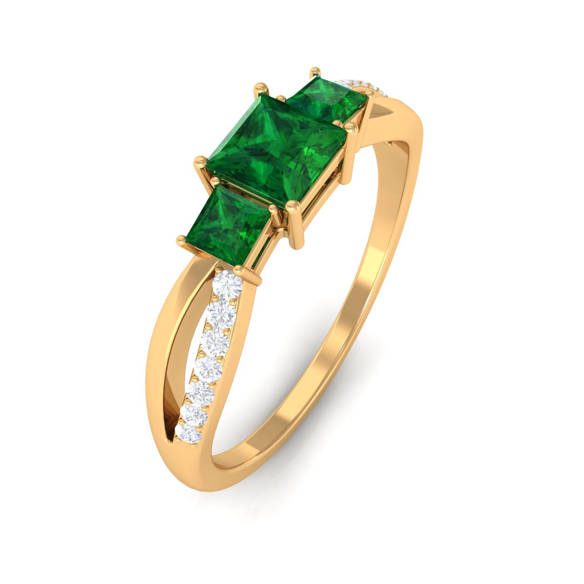 Princess Cut Created Emerald 3 Stone Ring with Diamond Lab Created Emerald - ( AAAA ) - Quality - Rosec Jewels