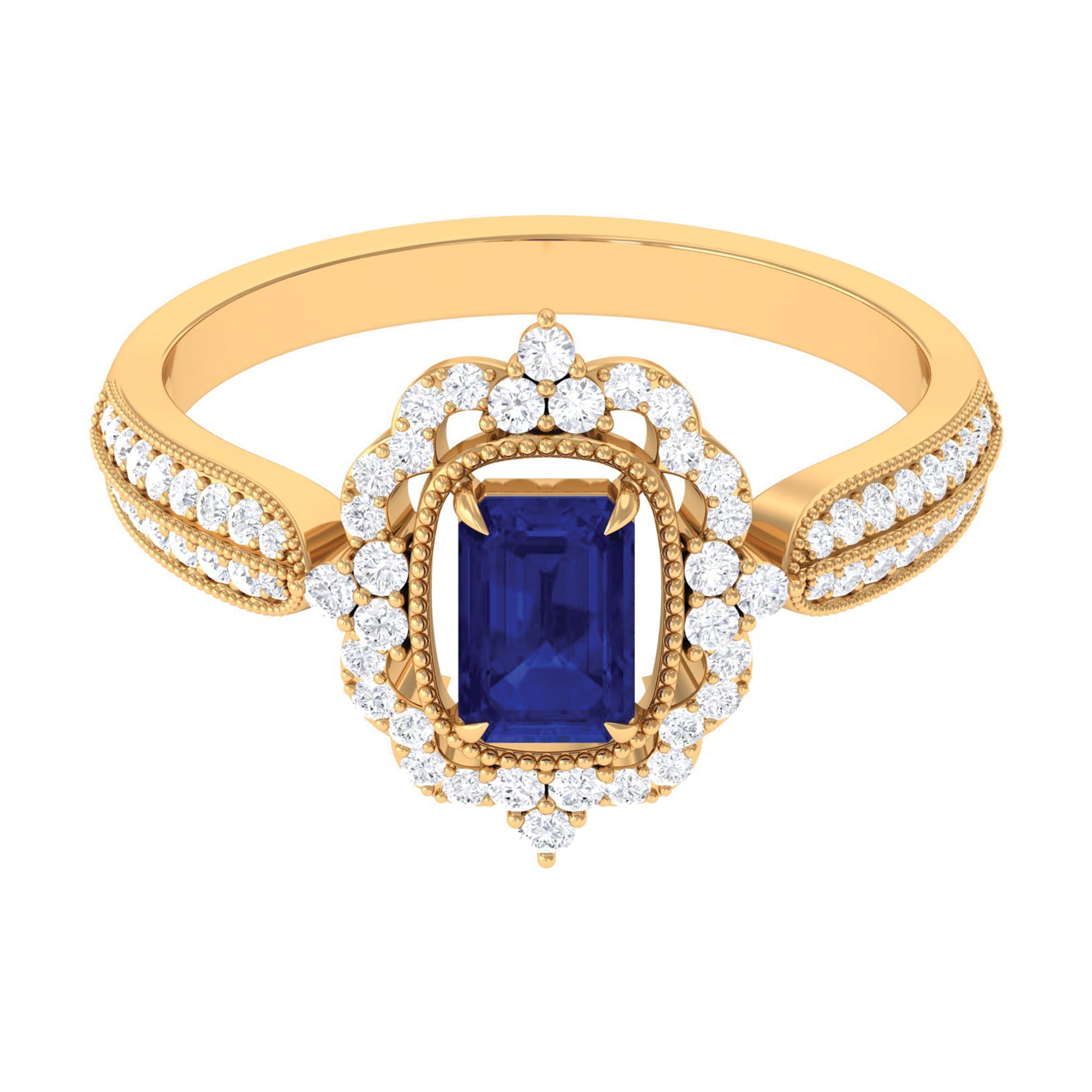 Vintage Style Octagon Blue Sapphire Engagement Ring with Diamond Floral Halo Blue Sapphire - ( AAA ) - Quality - Rosec Jewels