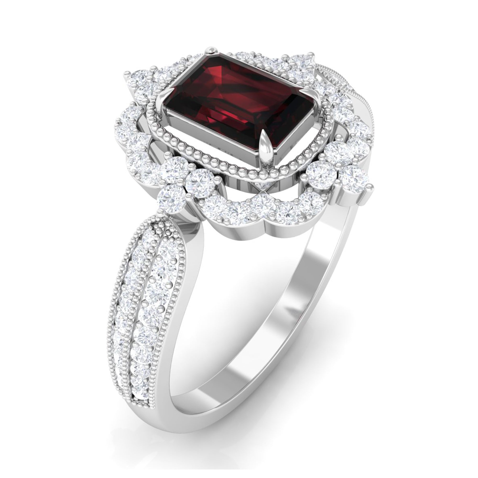 Vintage Style Octagon Garnet Engagement Ring with Diamond Floral Halo Garnet - ( AAA ) - Quality - Rosec Jewels