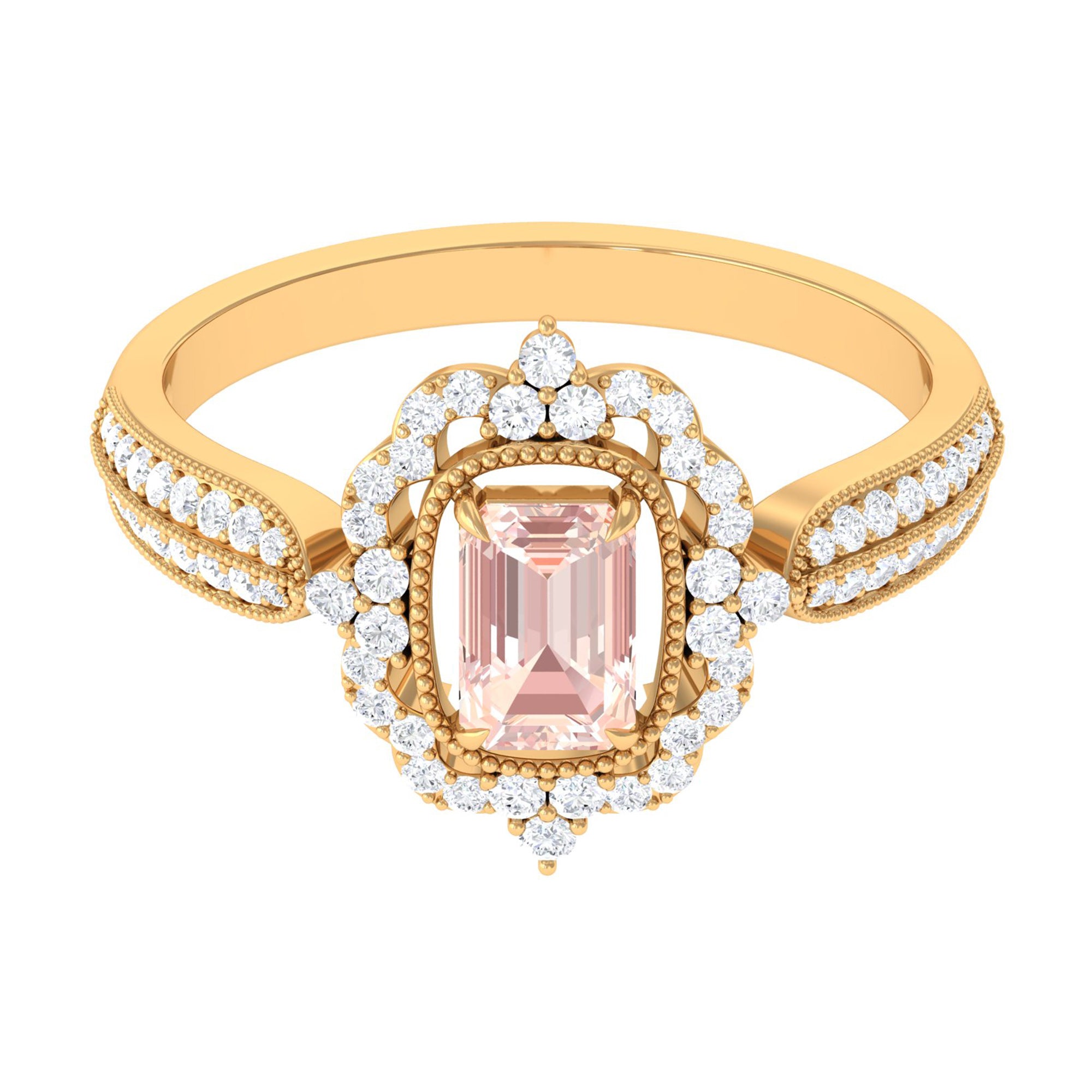 Vintage Style Emerald Cut Morganite Engagement Ring with Diamond Floral Halo Morganite - ( AAA ) - Quality - Rosec Jewels