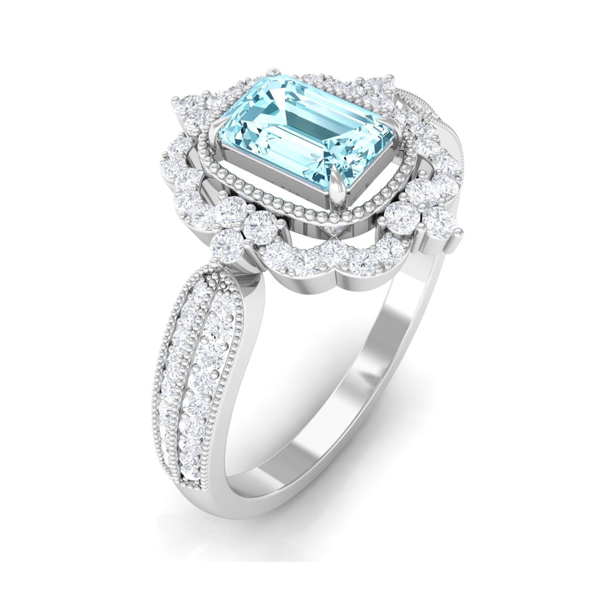 Vintage Style Octagon Aquamarine Engagement Ring with Diamond Floral Halo Aquamarine - ( AAA ) - Quality - Rosec Jewels