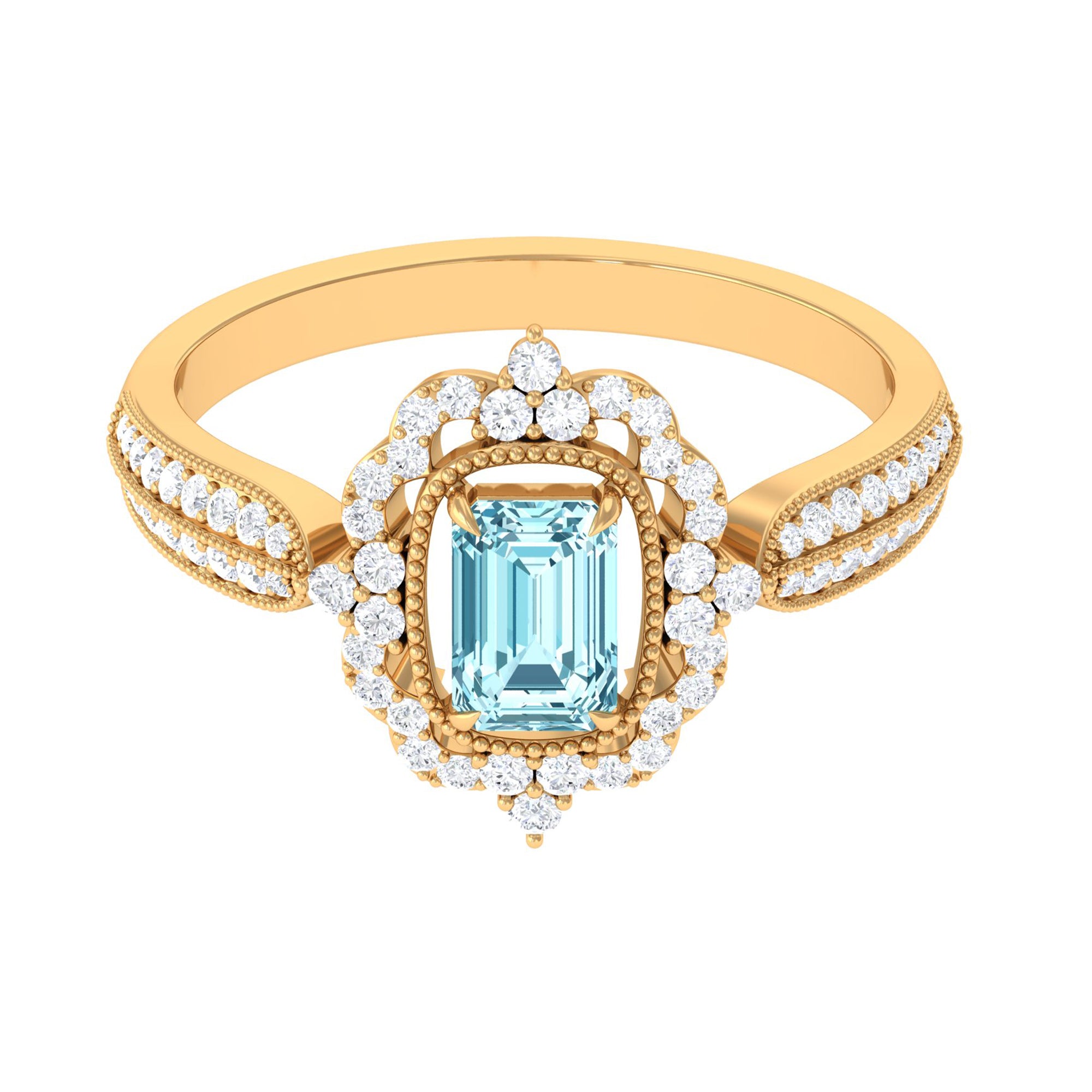 Vintage Style Octagon Aquamarine Engagement Ring with Diamond Floral Halo Aquamarine - ( AAA ) - Quality - Rosec Jewels