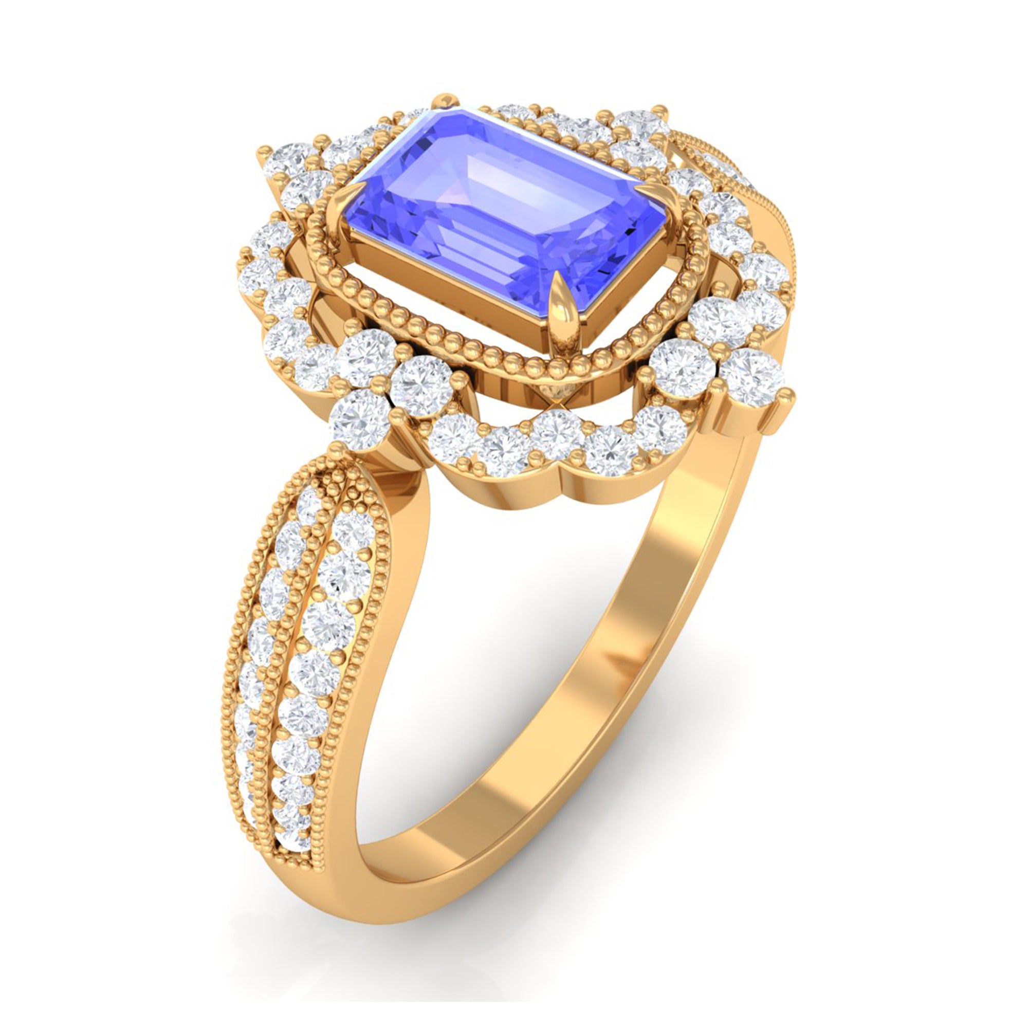 1 CT Vintage Style Emerald Cut Tanzanite Engagement Ring with Diamond Floral Halo Tanzanite - ( AAA ) - Quality - Rosec Jewels