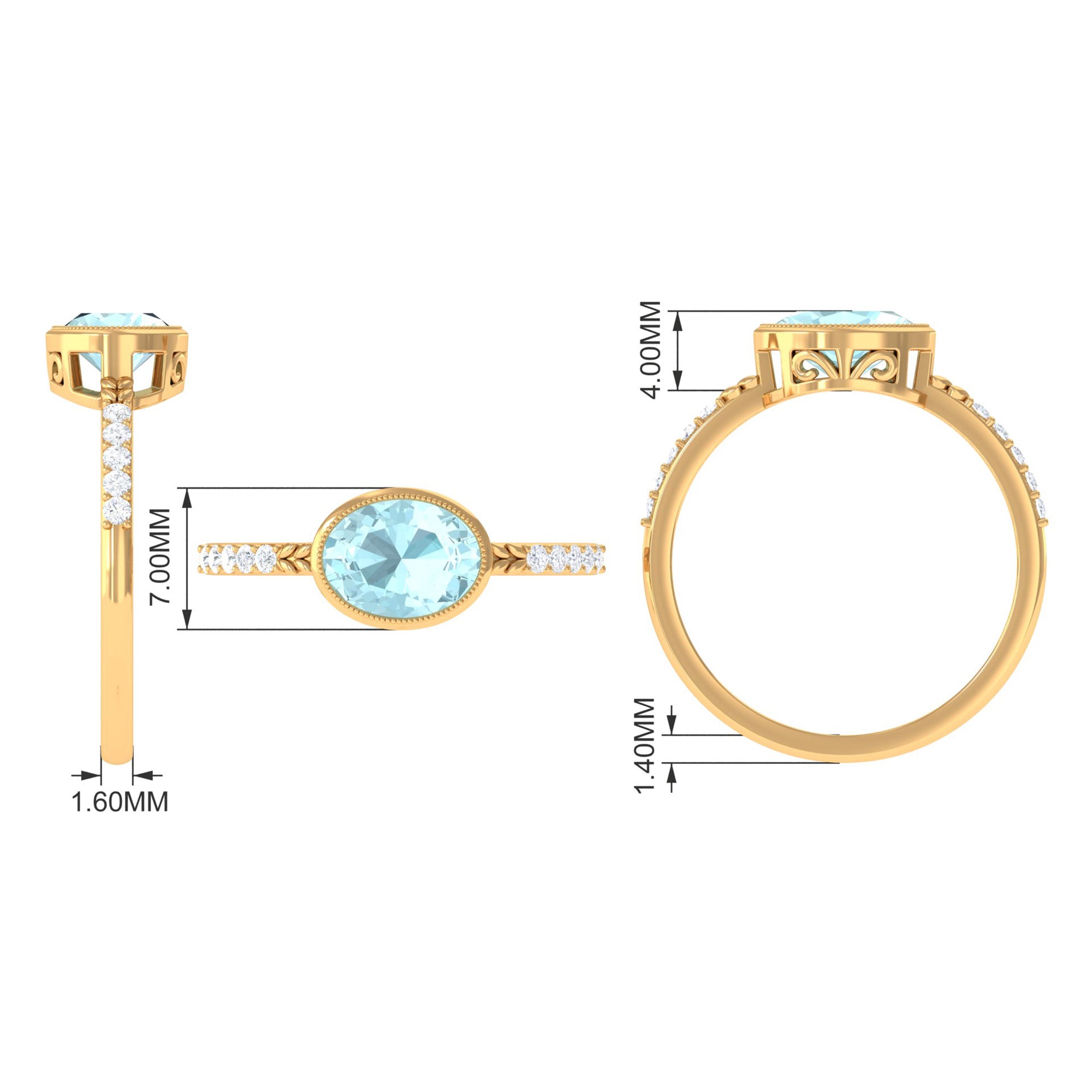 Bezel Set Oval Sky Blue Topaz East West Engagement Ring with Diamond Sky Blue Topaz - ( AAA ) - Quality - Rosec Jewels