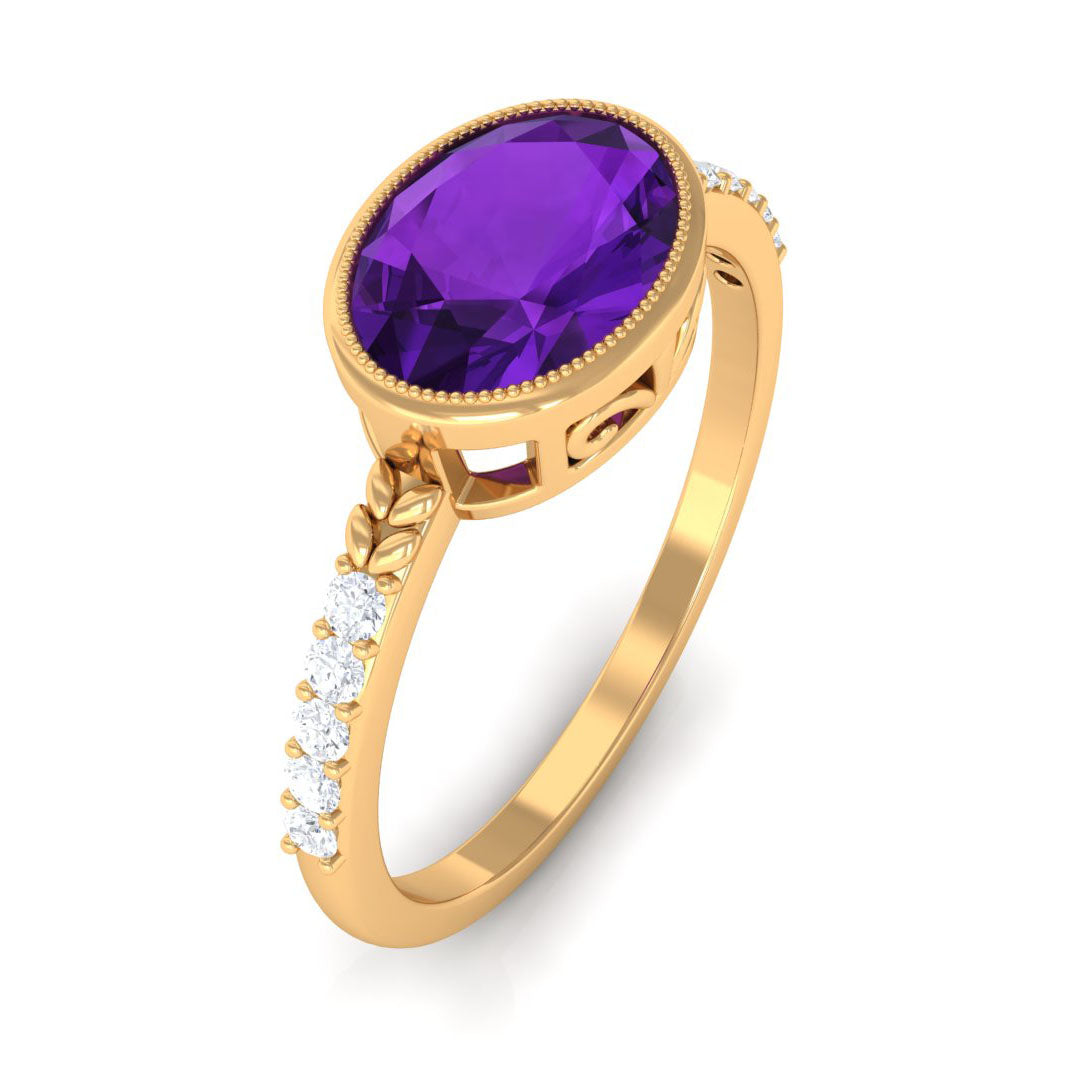 Oval Amethyst Solitaire Engagement Ring with Diamond Amethyst - ( AAA ) - Quality - Rosec Jewels