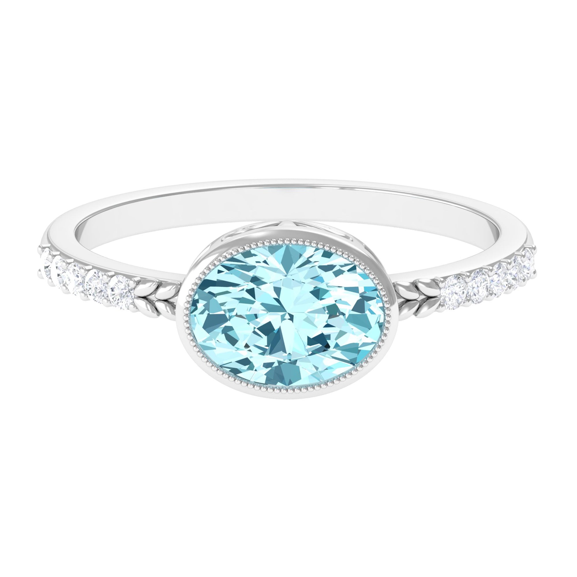 Bezel Set Oval Aquamarine East West Engagement Ring with Diamond Aquamarine - ( AAA ) - Quality - Rosec Jewels