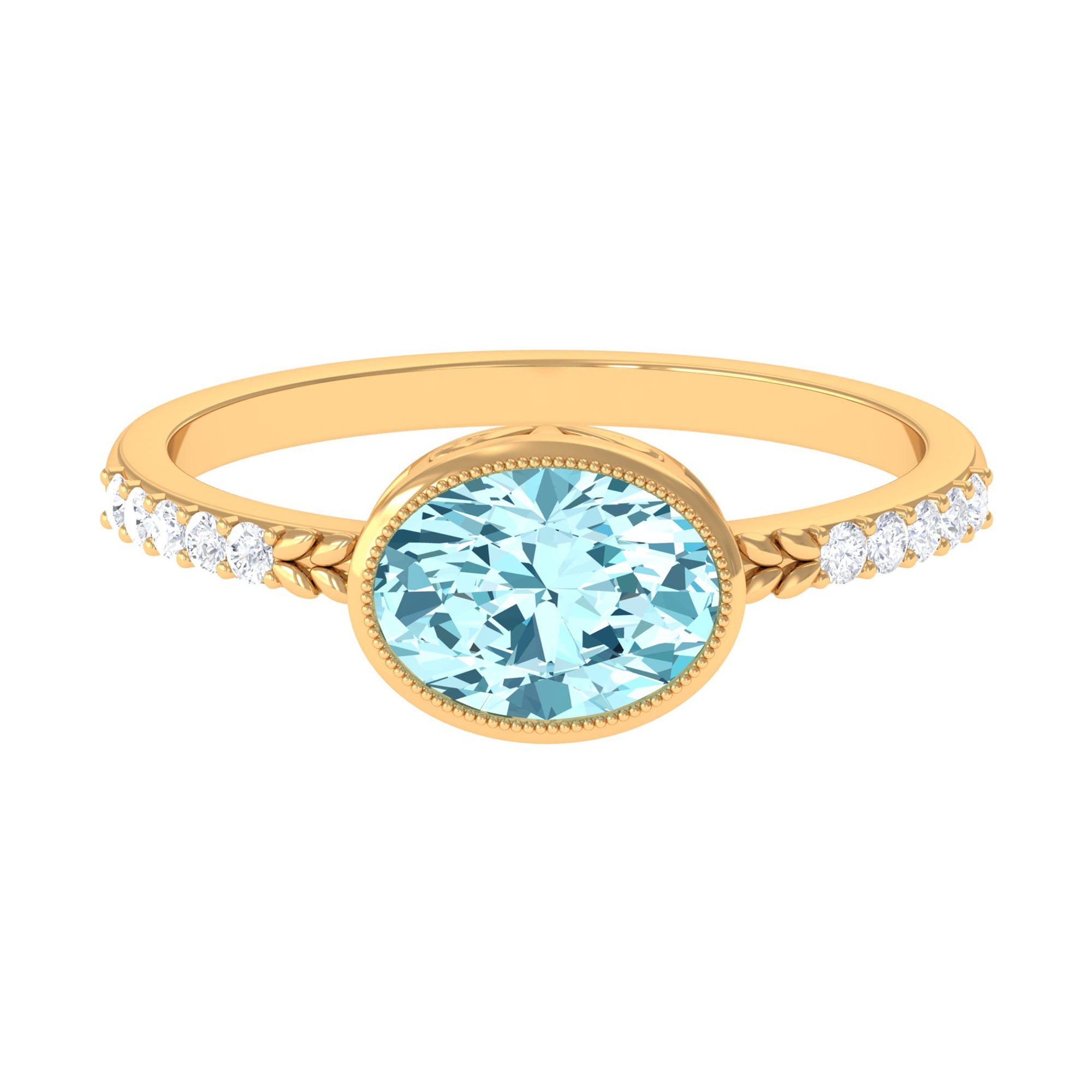 Bezel Set Oval Aquamarine East West Engagement Ring with Diamond Aquamarine - ( AAA ) - Quality - Rosec Jewels