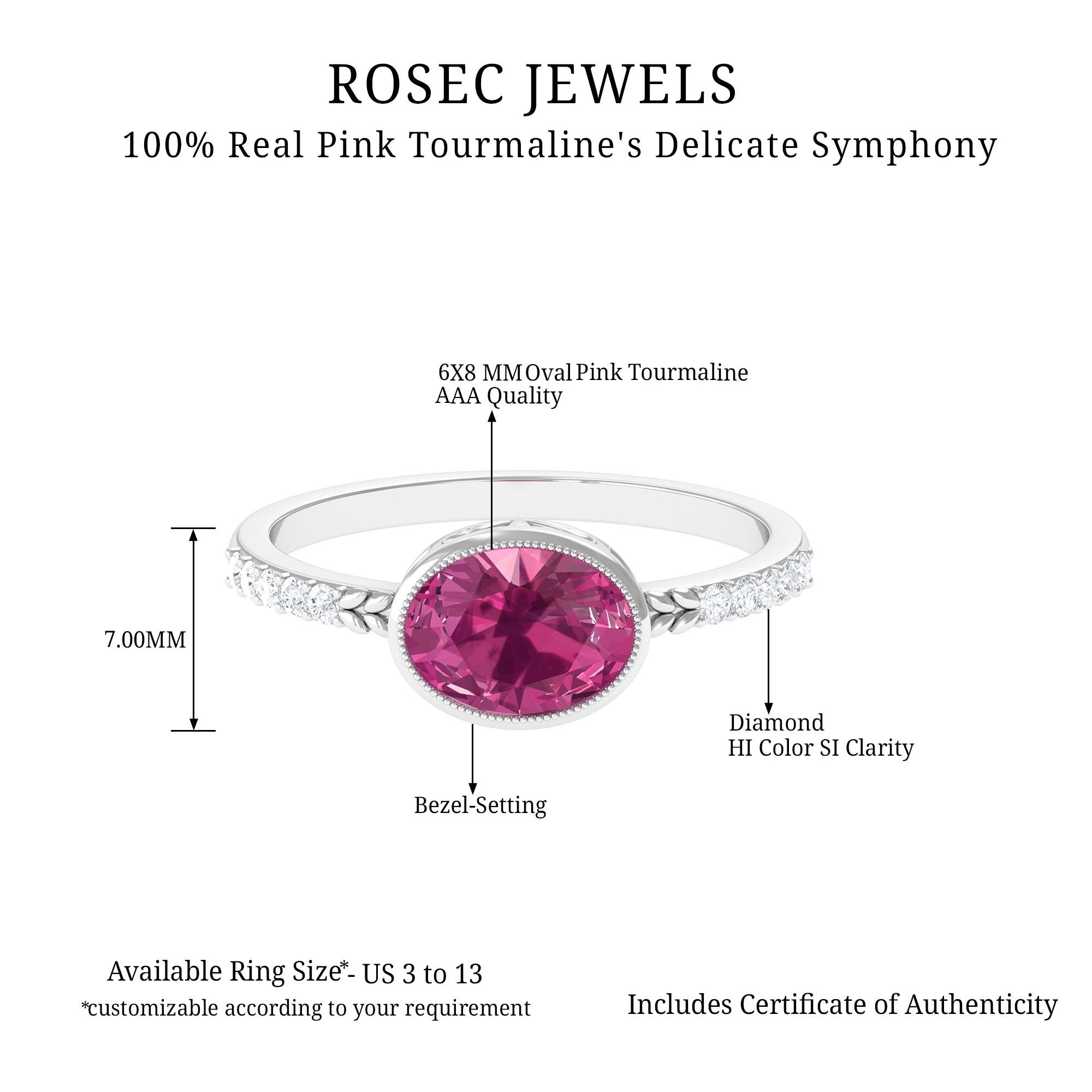 Oval Pink Tourmaline Solitaire Engagement Ring with Diamond Pink Tourmaline - ( AAA ) - Quality - Rosec Jewels