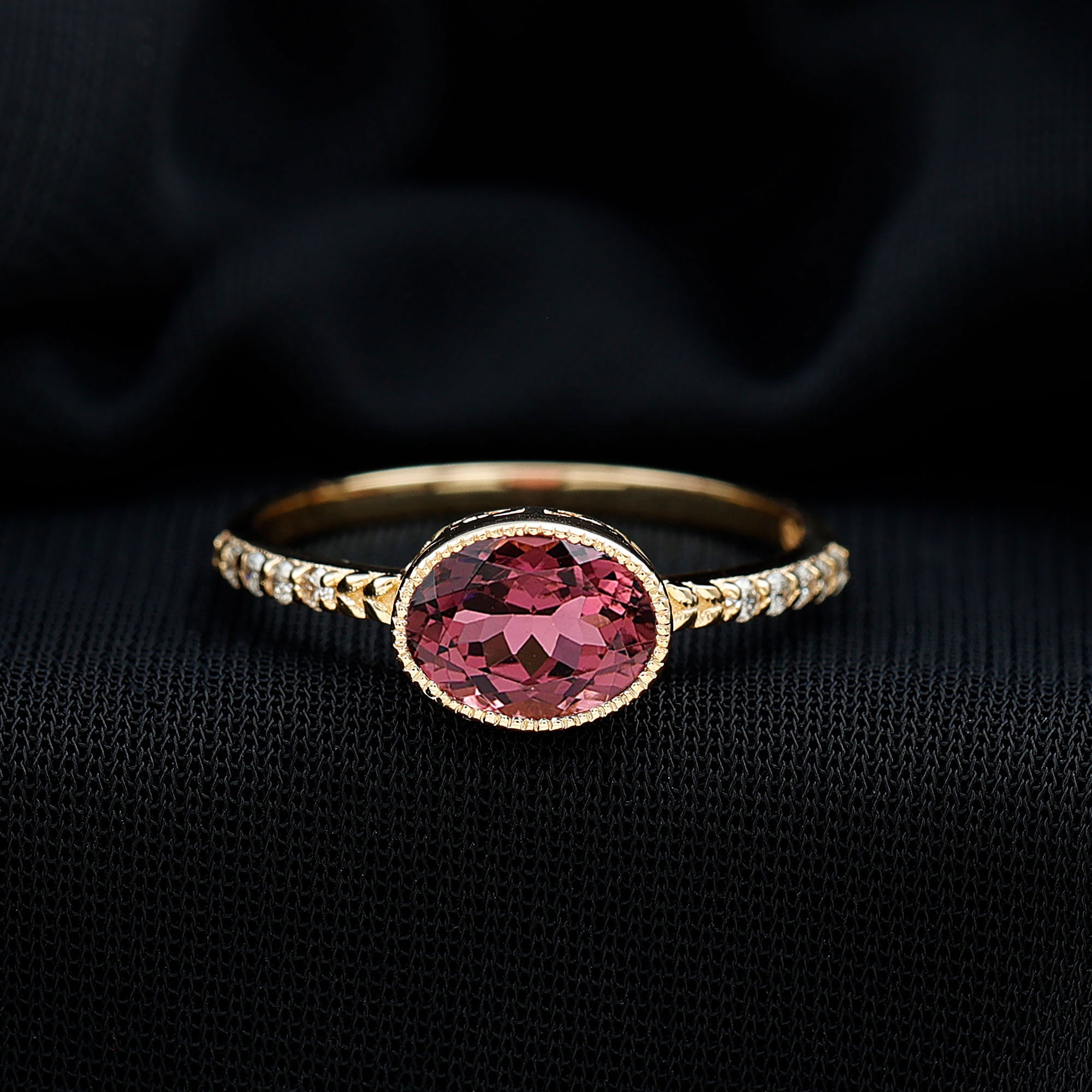 Oval Pink Tourmaline Solitaire Engagement Ring with Diamond Pink Tourmaline - ( AAA ) - Quality - Rosec Jewels