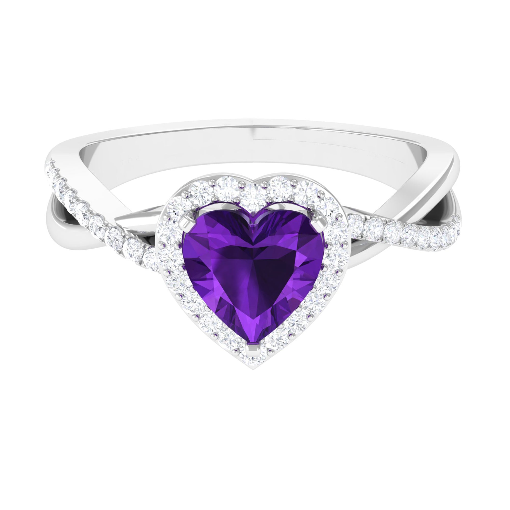 Heart Shape Amethyst Crossover Engagement Ring with Diamond Amethyst - ( AAA ) - Quality - Rosec Jewels