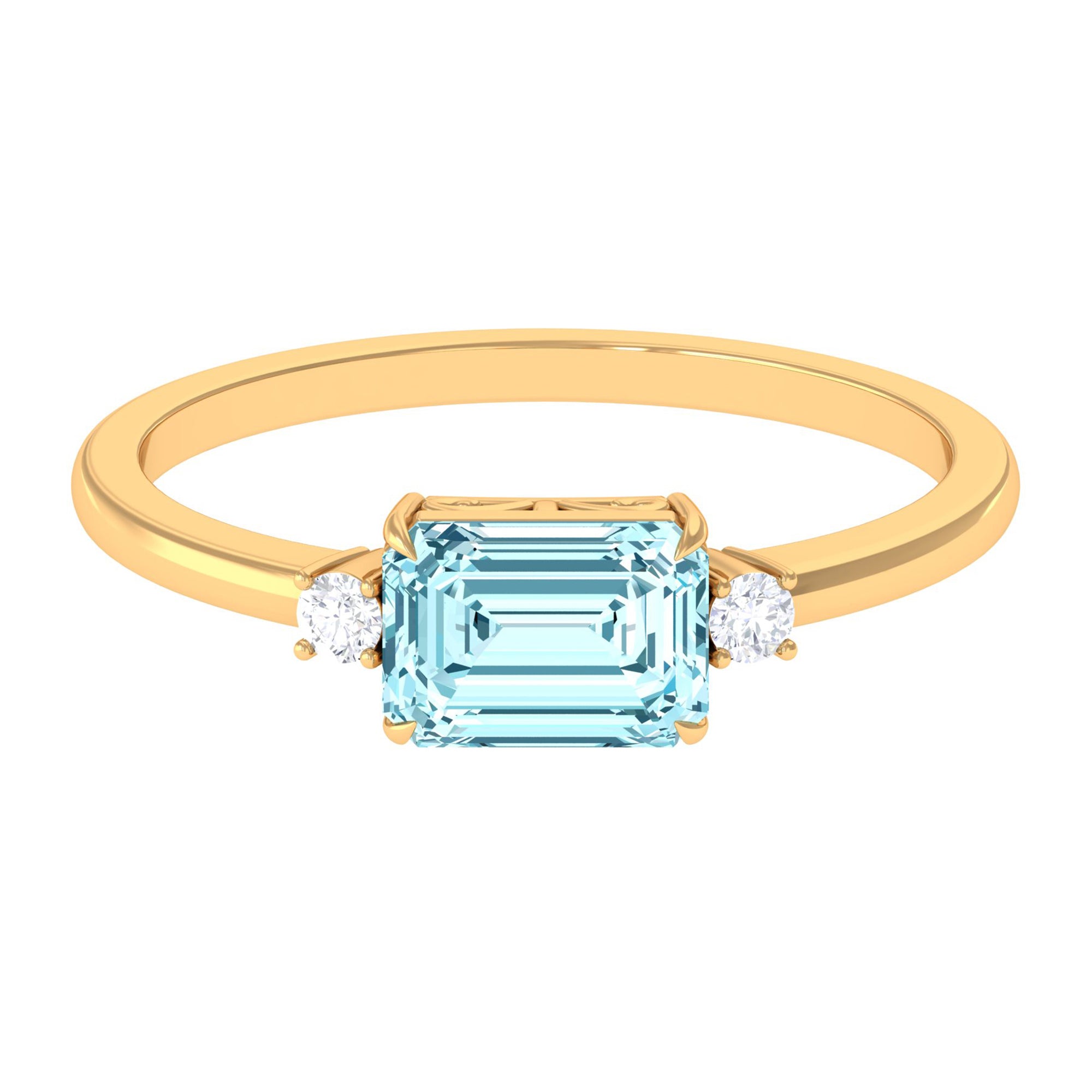 Emerald Cut Aquamarine Solitaire Engagement Ring in East West Style with Diamond Aquamarine - ( AAA ) - Quality - Rosec Jewels