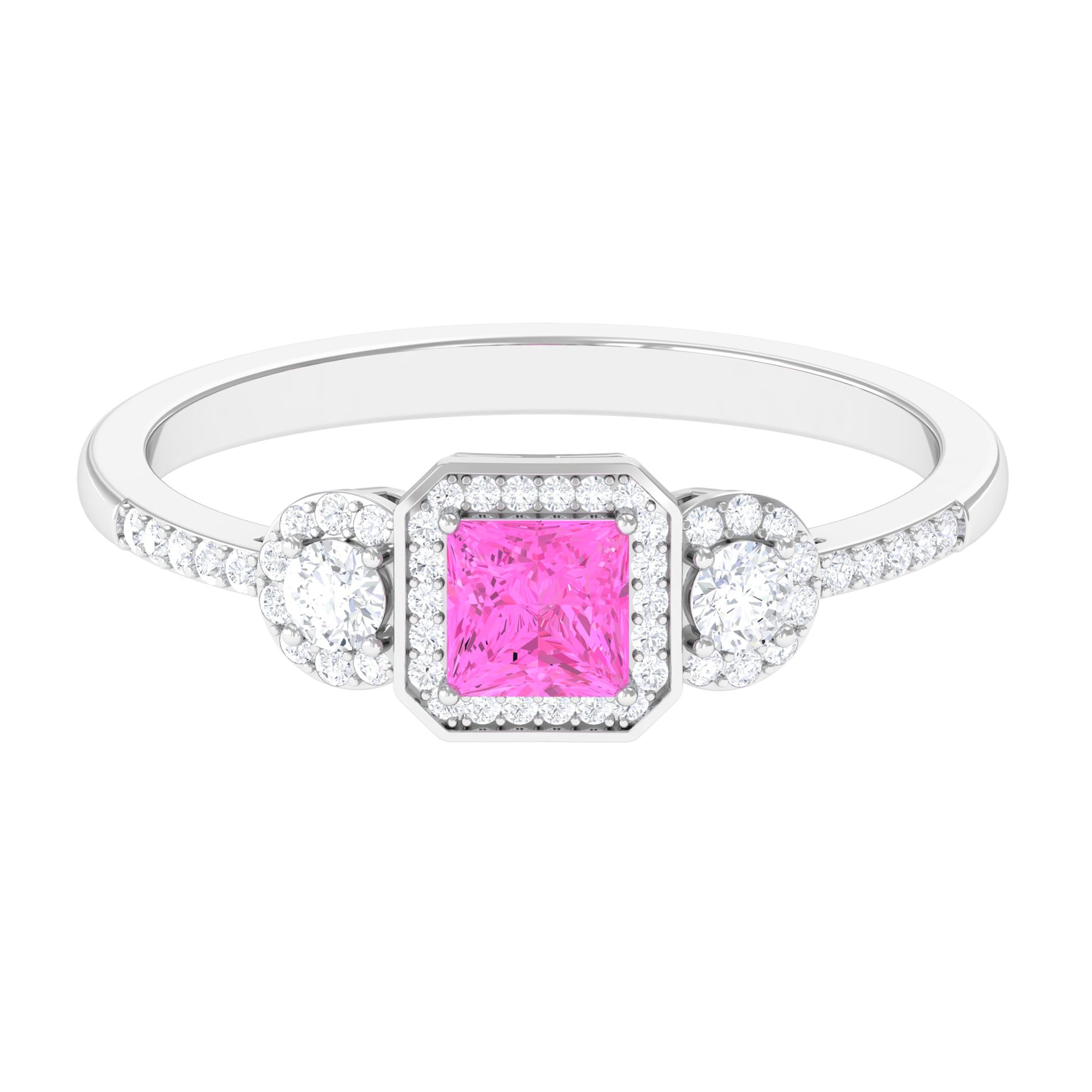 Princess Cut Pink Sapphire Engagement Ring with Diamond Halo Pink Sapphire - ( AAA ) - Quality - Rosec Jewels