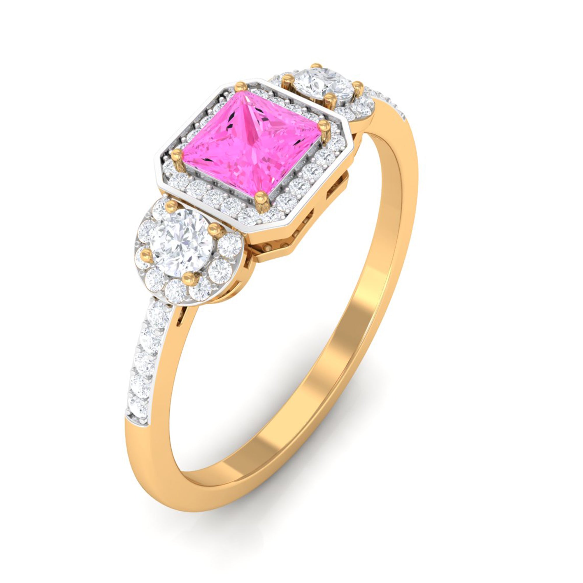 Princess Cut Pink Sapphire Engagement Ring with Diamond Halo Pink Sapphire - ( AAA ) - Quality - Rosec Jewels