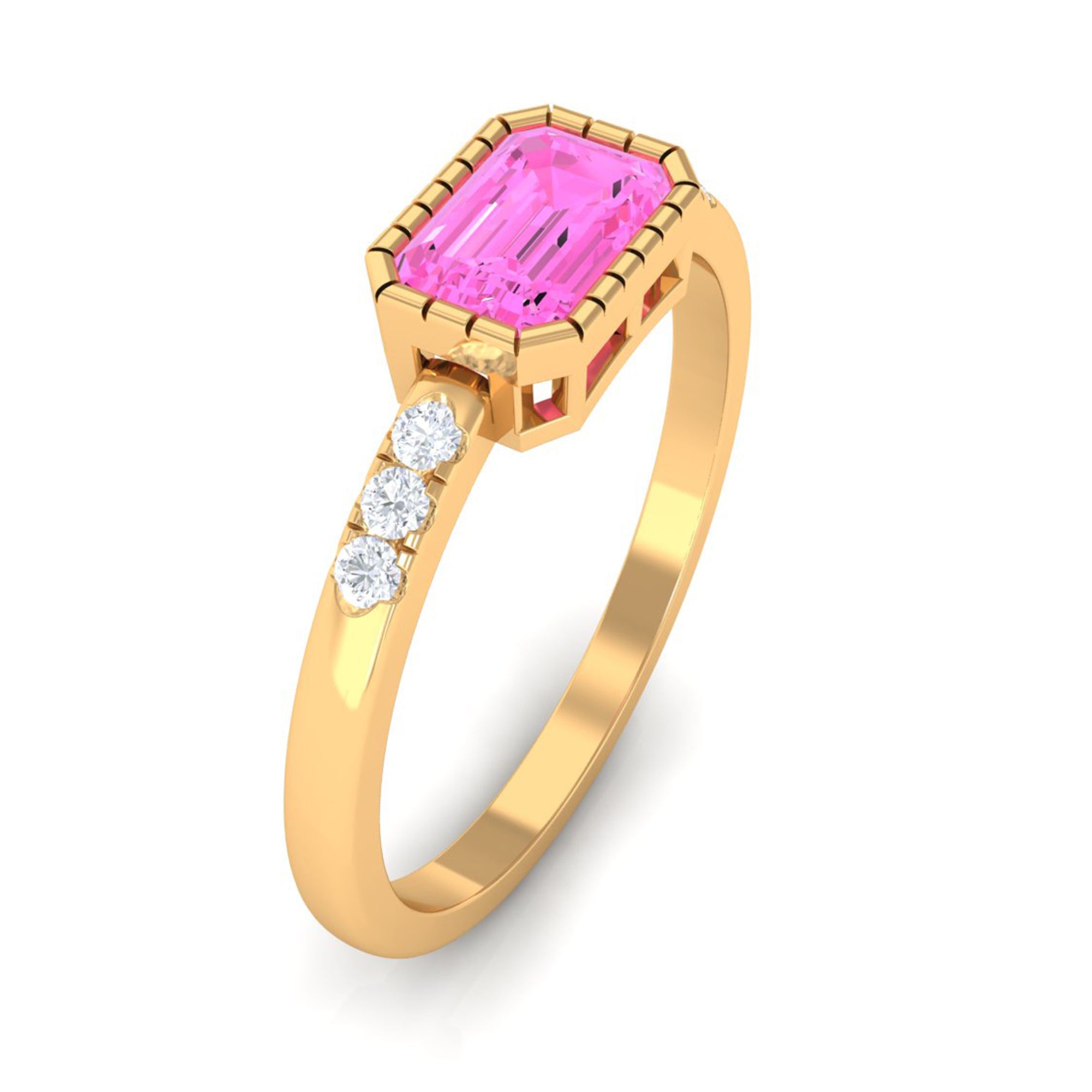 Emerald Cut Pink Sapphire East West Engagement Ring with Diamond Pink Sapphire - ( AAA ) - Quality - Rosec Jewels