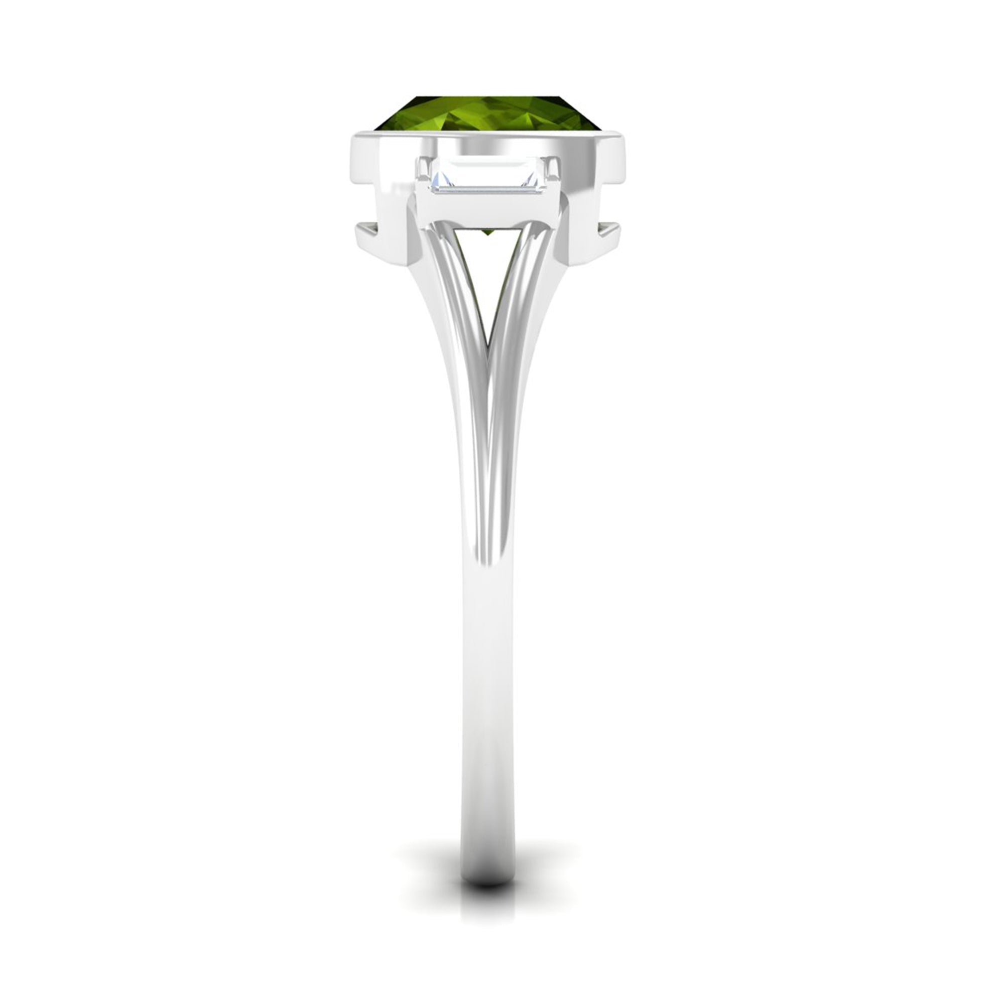 Simple Cushion Cut Peridot Solitaire Engagement Ring with Diamond in Split Shank Peridot - ( AAA ) - Quality - Rosec Jewels