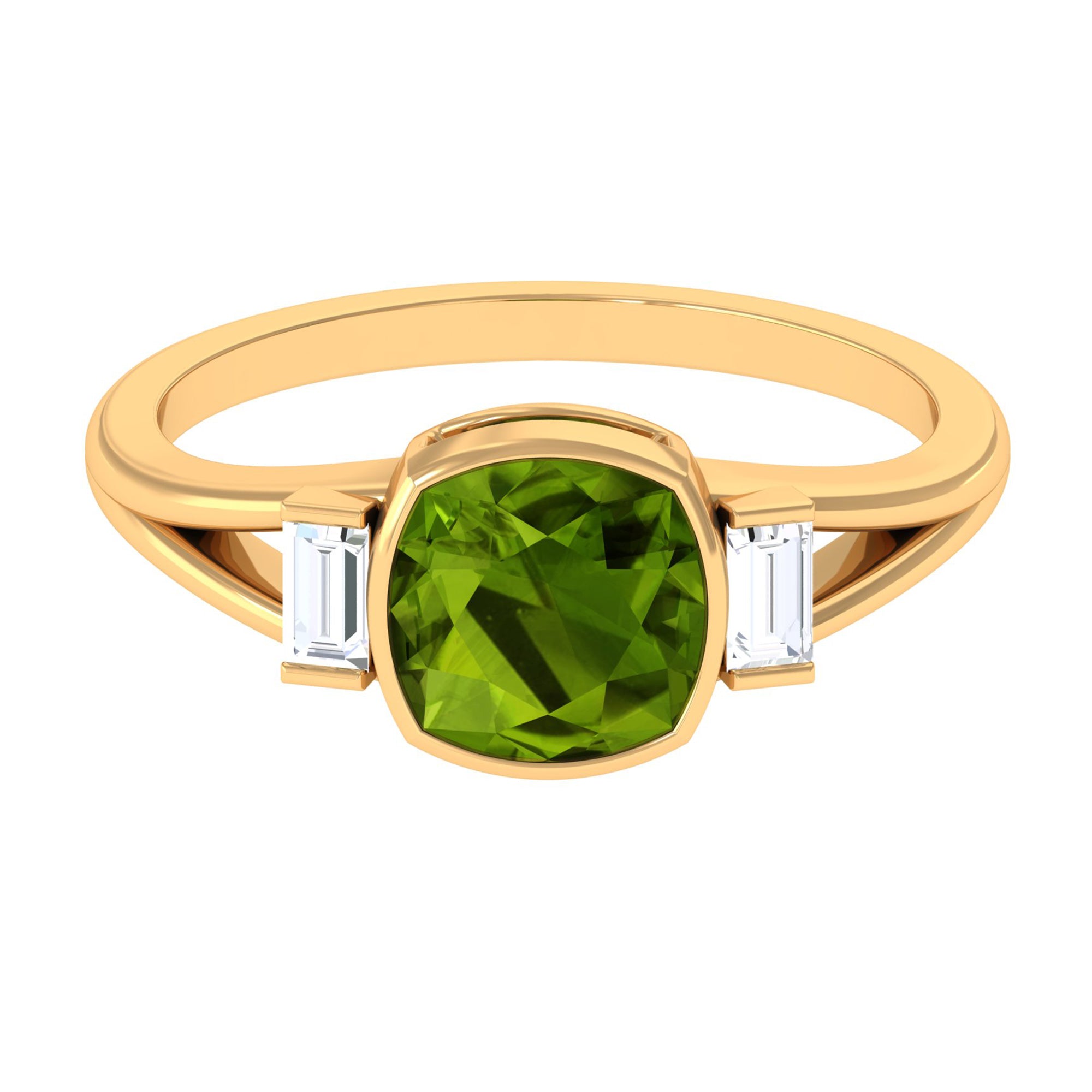 Simple Cushion Cut Peridot Solitaire Engagement Ring with Diamond in Split Shank Peridot - ( AAA ) - Quality - Rosec Jewels