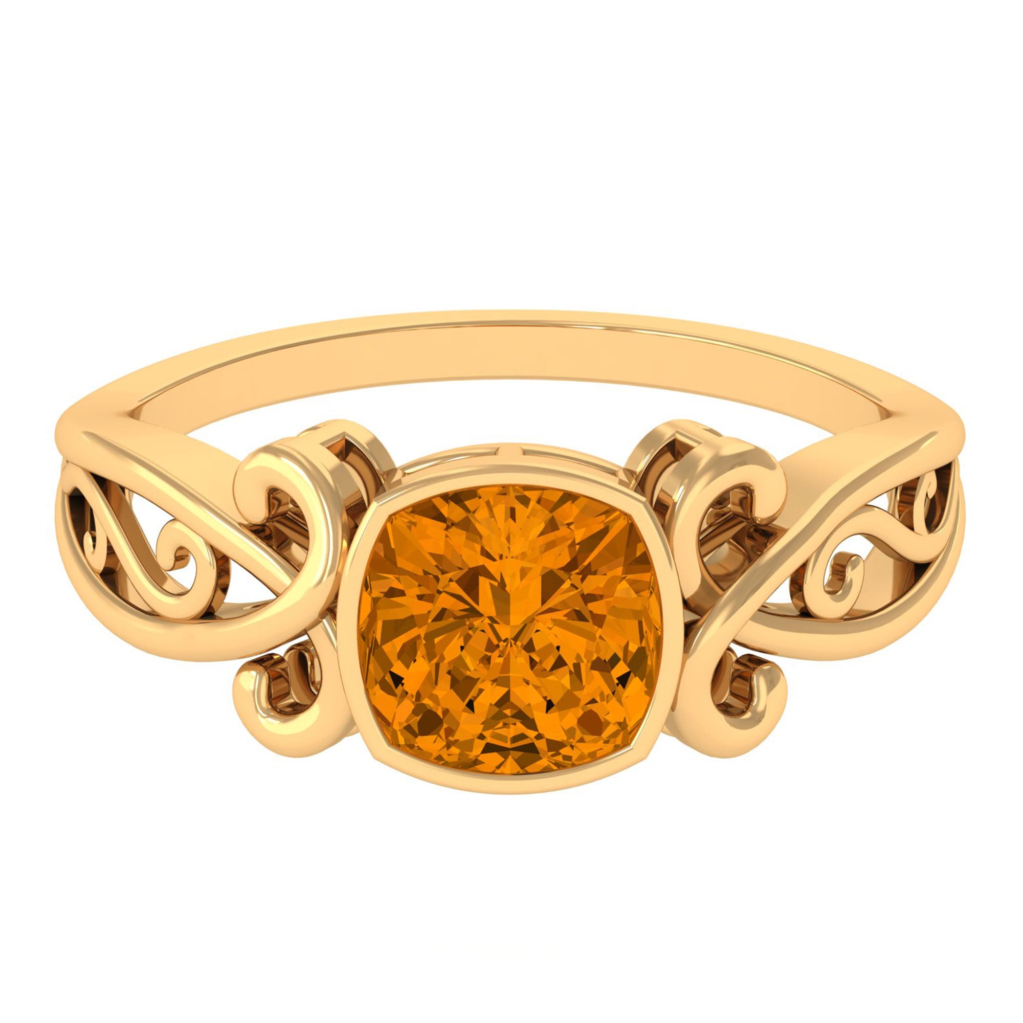 Vintage Style Cushion Citrine Solitaire Ring in Bezel Setting Citrine - ( AAA ) - Quality - Rosec Jewels