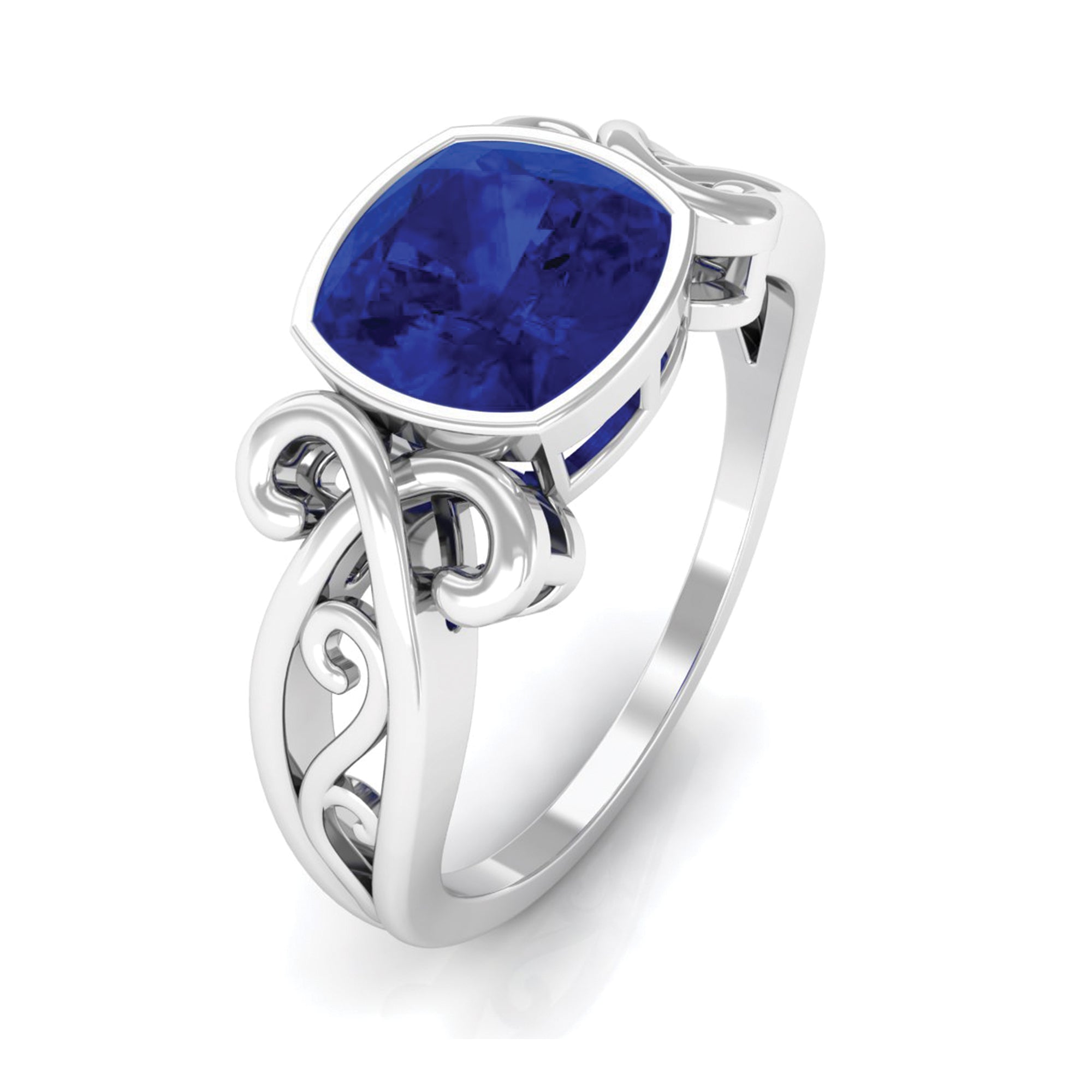 Vintage Style Created Blue Sapphire Solitaire Engagement Ring in Bezel Setting Lab Created Blue Sapphire - ( AAAA ) - Quality - Rosec Jewels