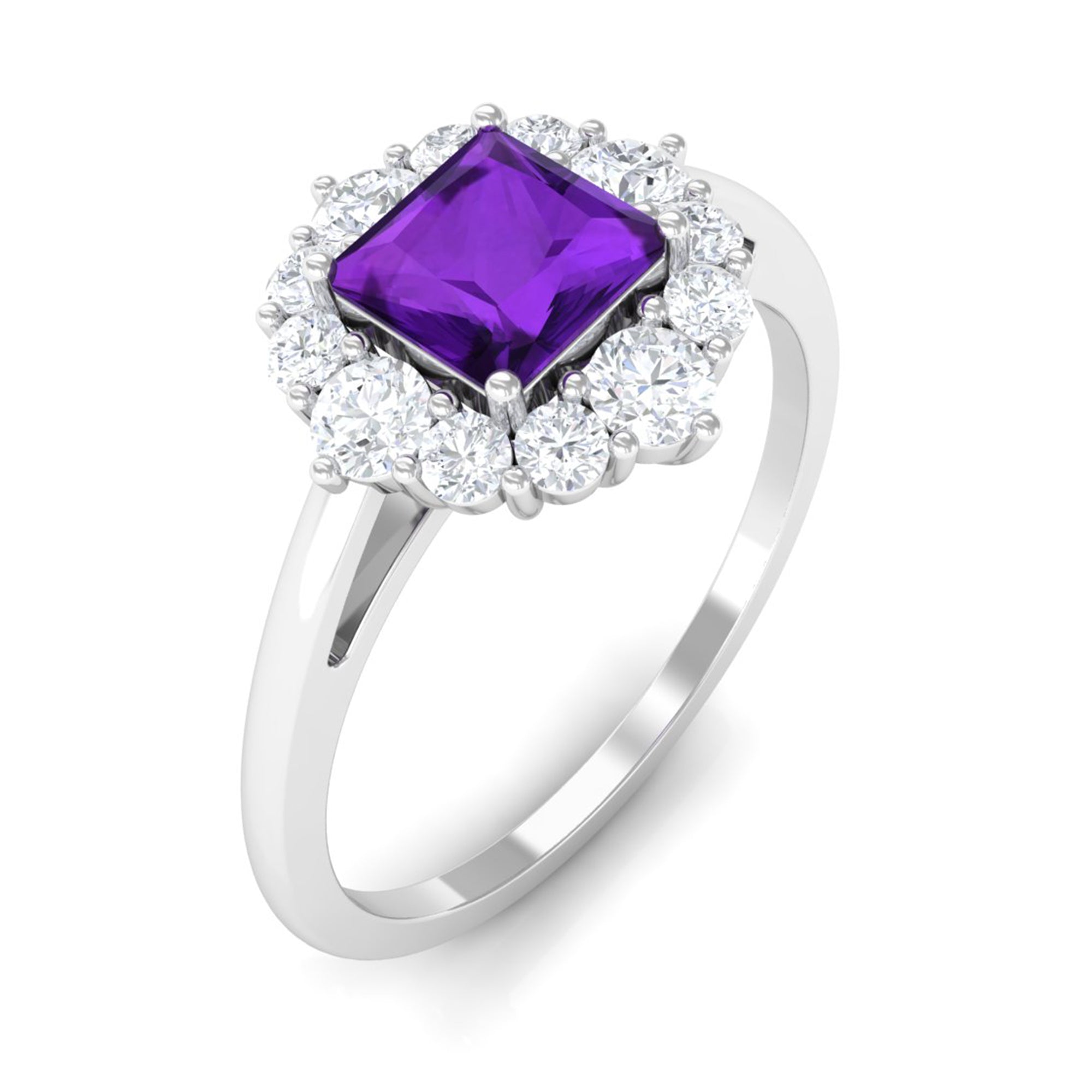 Princess Cut Amethyst and Diamond Halo Engagement Ring Amethyst - ( AAA ) - Quality - Rosec Jewels