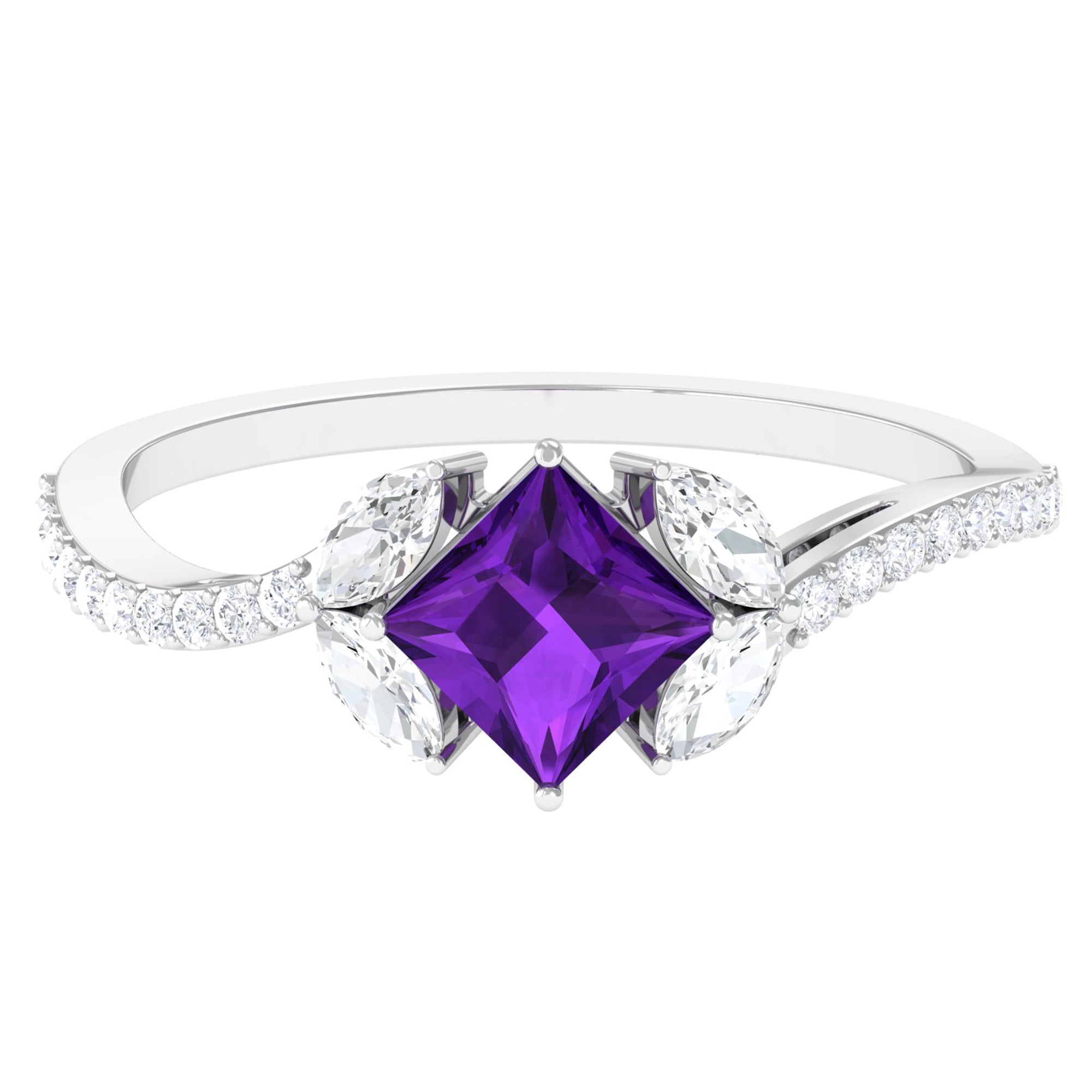 Nature Inspired Princess Cut Amethyst and Diamond Engagement Ring Amethyst - ( AAA ) - Quality - Rosec Jewels