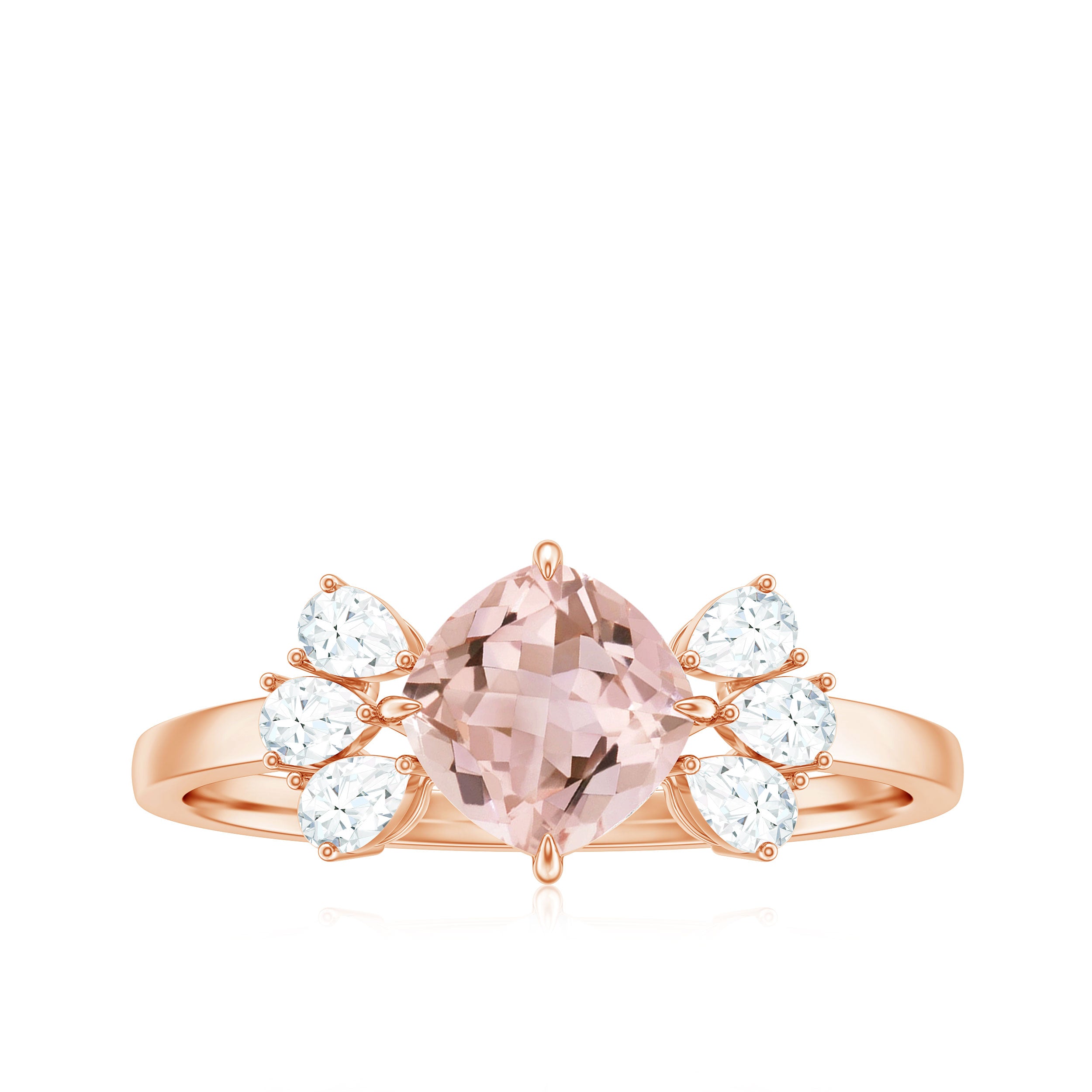 Cushion Cut Morganite Solitaire Ring with Diamond Trio Morganite - ( AAA ) - Quality - Rosec Jewels