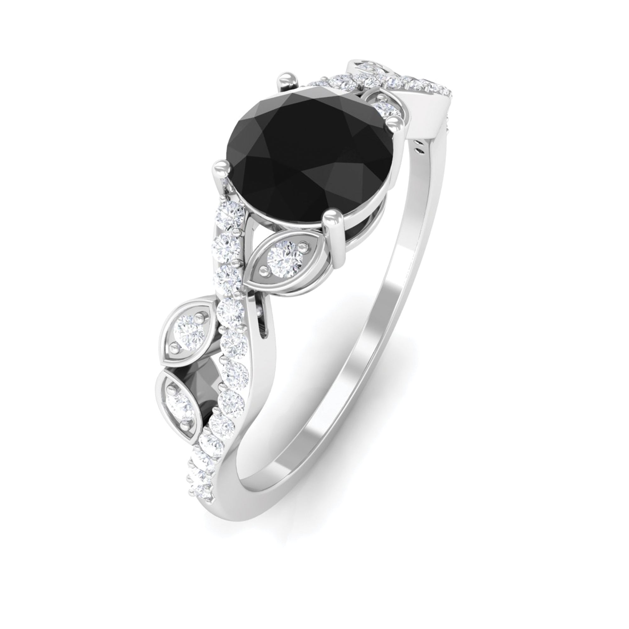 Round Created Black Diamond and Diamond Designer Engagement Ring Lab Created Black Diamond - ( AAAA ) - Quality - Rosec Jewels