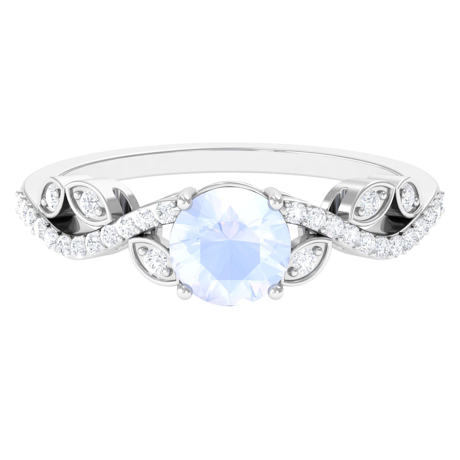 Round Shape Moonstone Designer Engagement Ring with Diamond Moonstone - ( AAA ) - Quality - Rosec Jewels