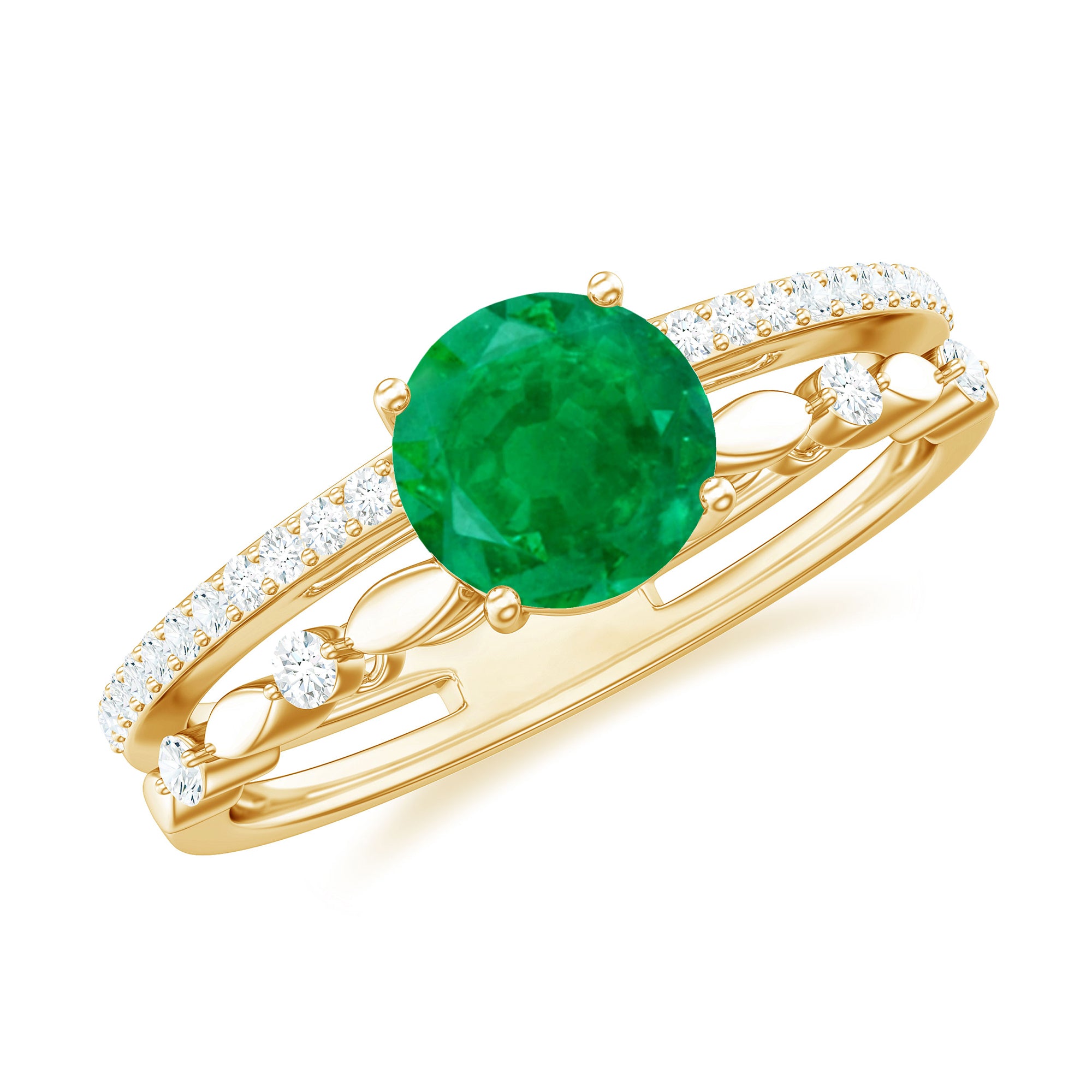 Solitaire Emerald Double Band Engagement Ring with Diamond Emerald - ( AAA ) - Quality - Rosec Jewels