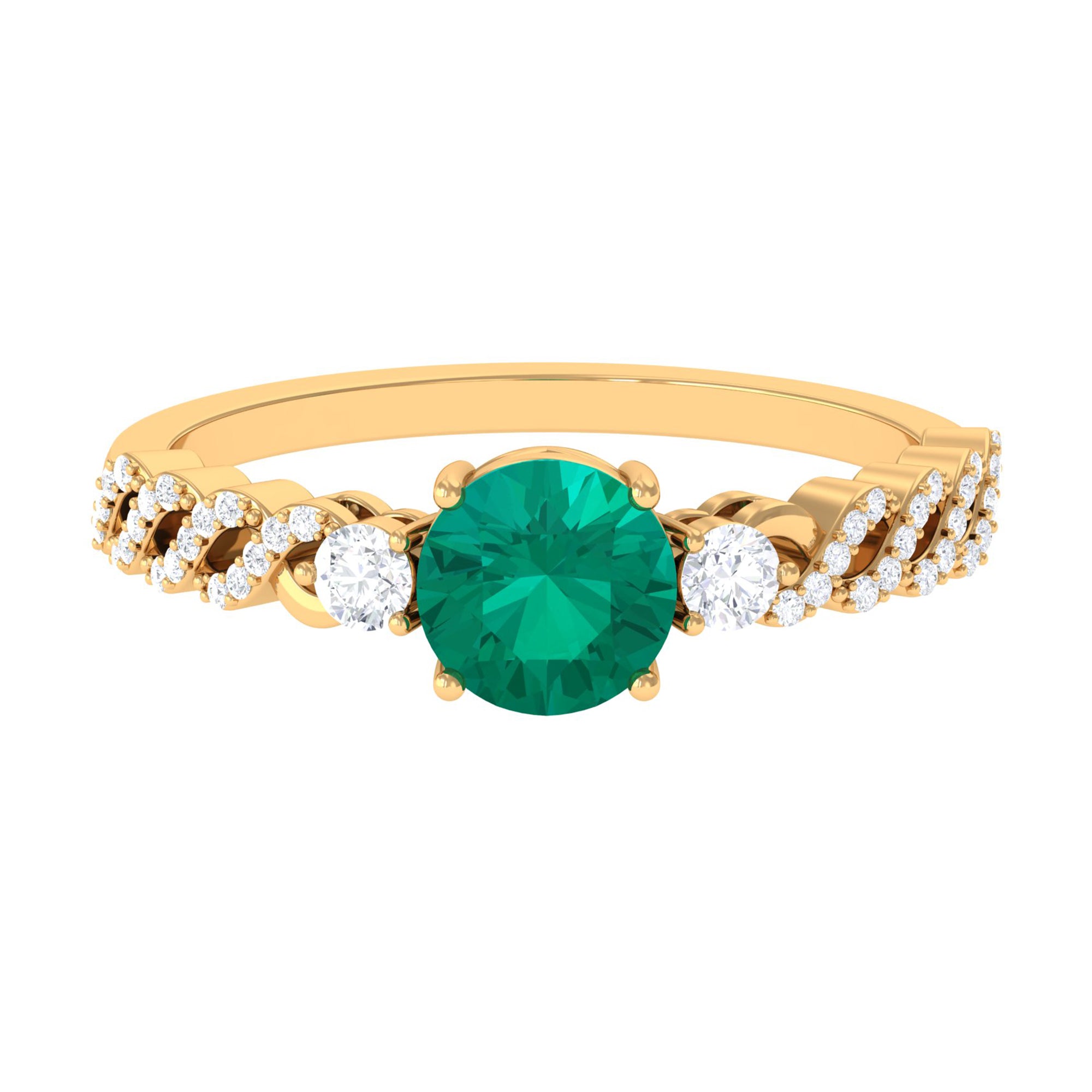 Round shape Solitaire Emerald Designer Engagement Ring with Diamond Side Stones Emerald - ( AAA ) - Quality - Rosec Jewels