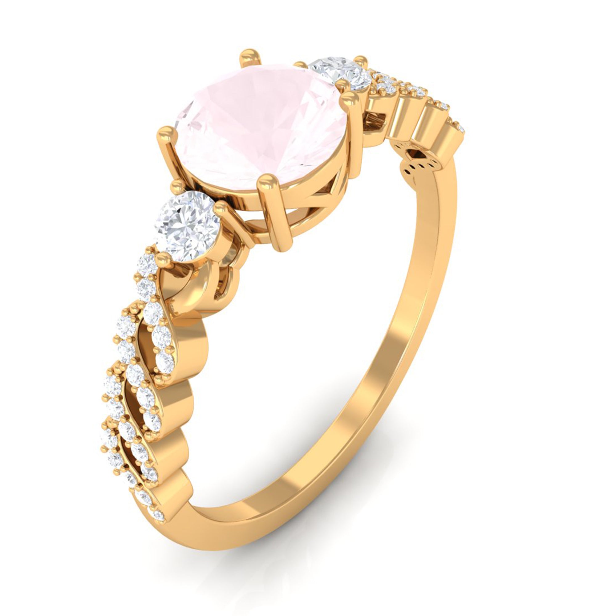 Round Shape Rose Quartz Designer Engagement Ring with Diamond Side Stones Rose Quartz - ( AAA ) - Quality - Rosec Jewels