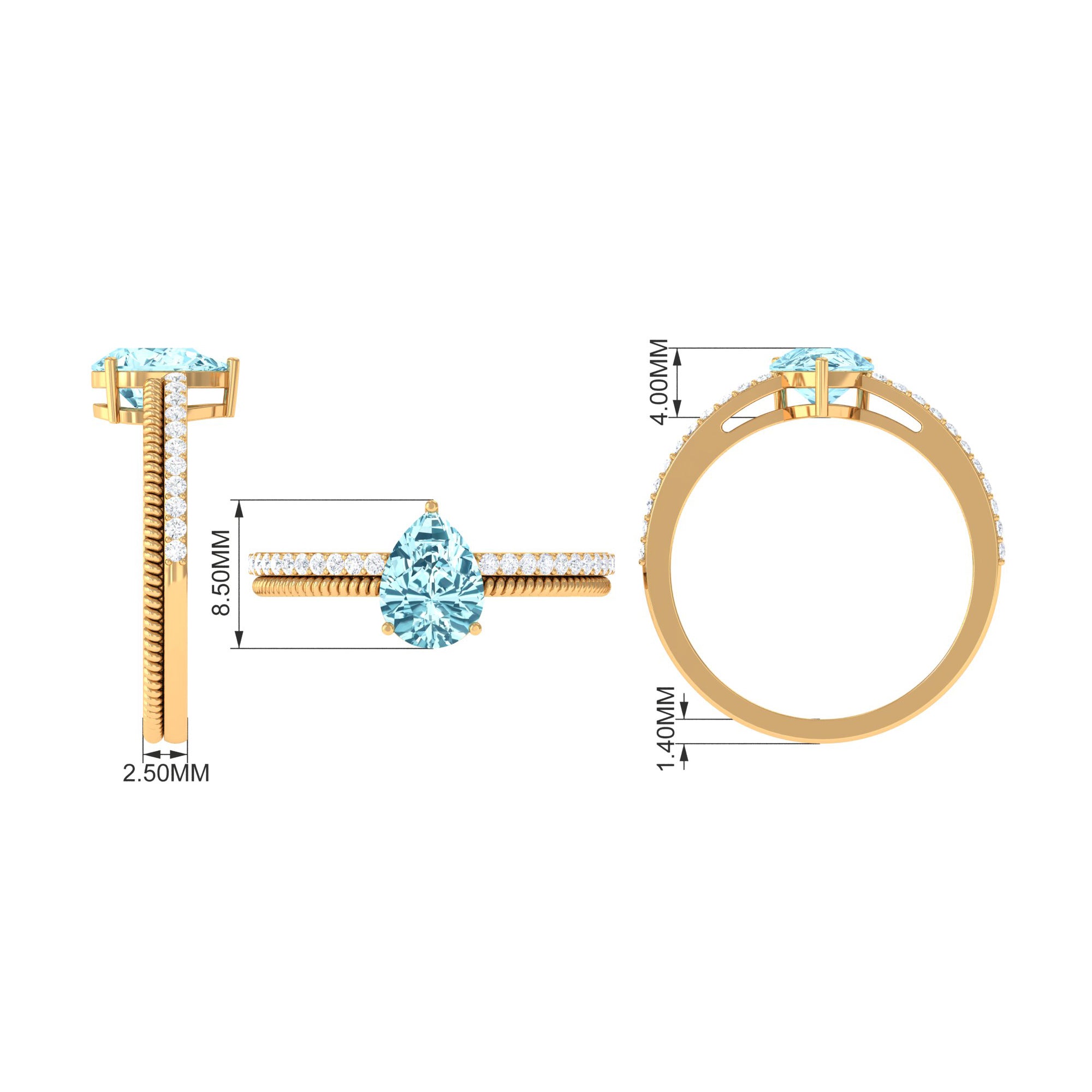 Pear Shape Aquamarine and Diamond Solitaire Ring with Twisted Rope Details Aquamarine - ( AAA ) - Quality - Rosec Jewels