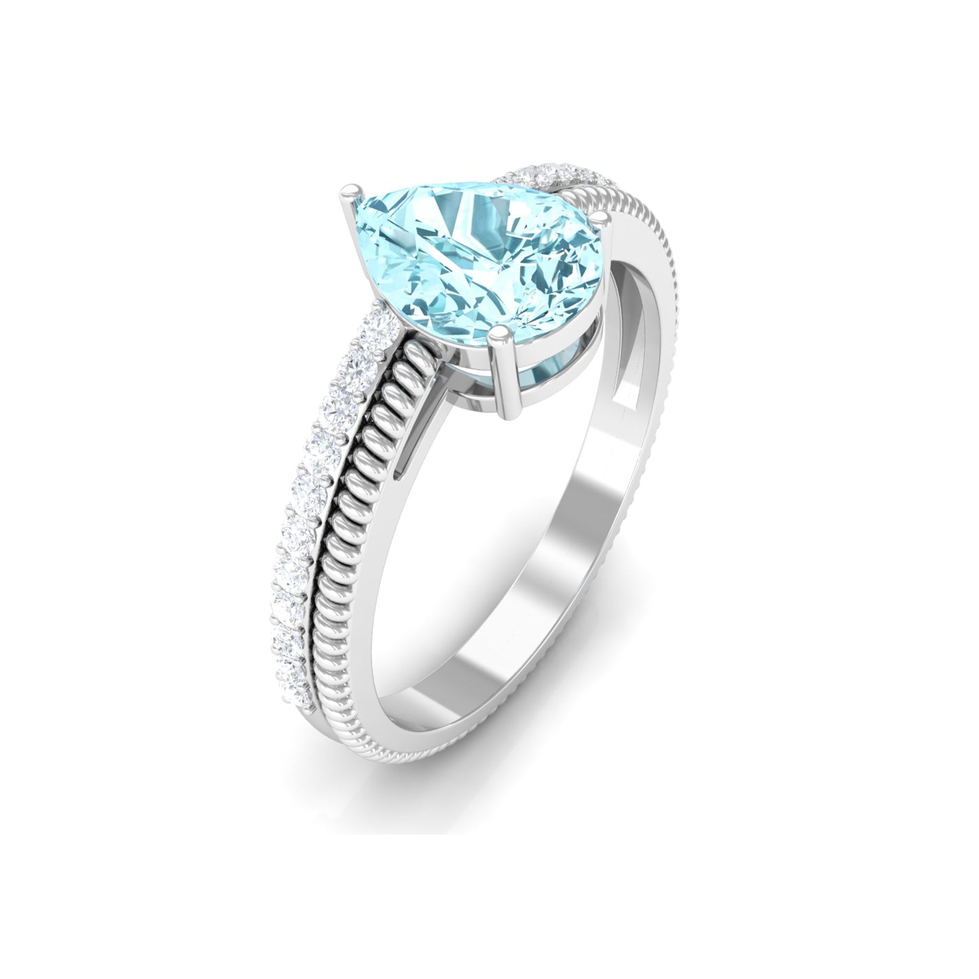 Pear Shape Aquamarine and Diamond Solitaire Ring with Twisted Rope Details Aquamarine - ( AAA ) - Quality - Rosec Jewels