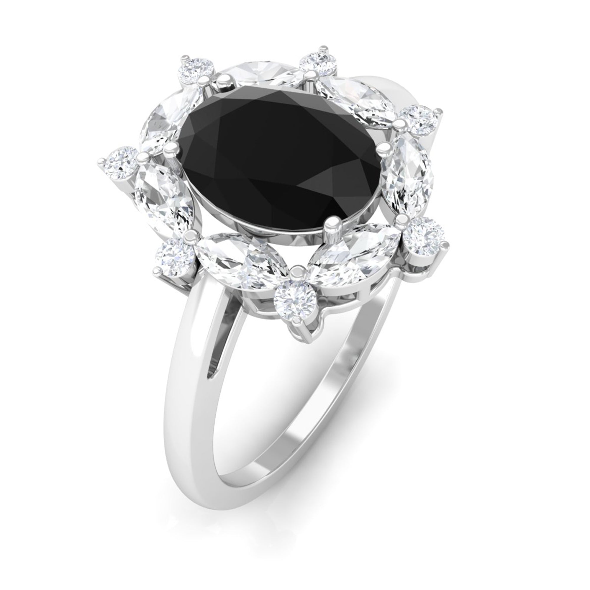 Oval Created Black Diamond and Moissanite Halo Engagement Ring Set Lab Created Black Diamond - ( AAAA ) - Quality - Rosec Jewels