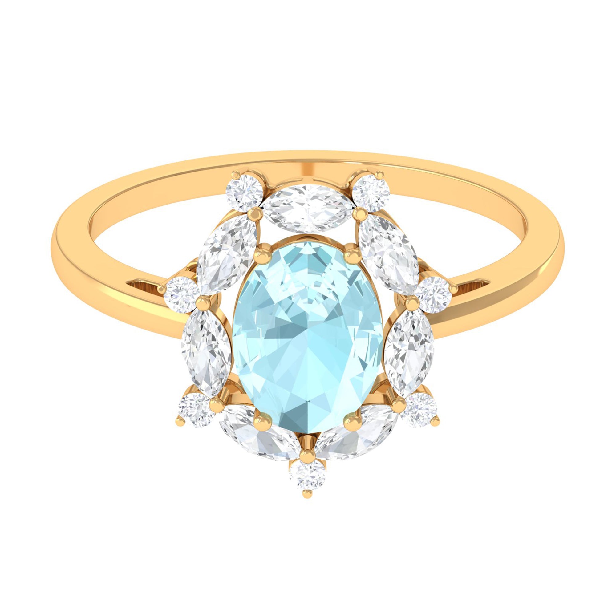 Oval Sky Blue Topaz Designer Halo Engagement Ring with Moissanite Sky Blue Topaz - ( AAA ) - Quality - Rosec Jewels