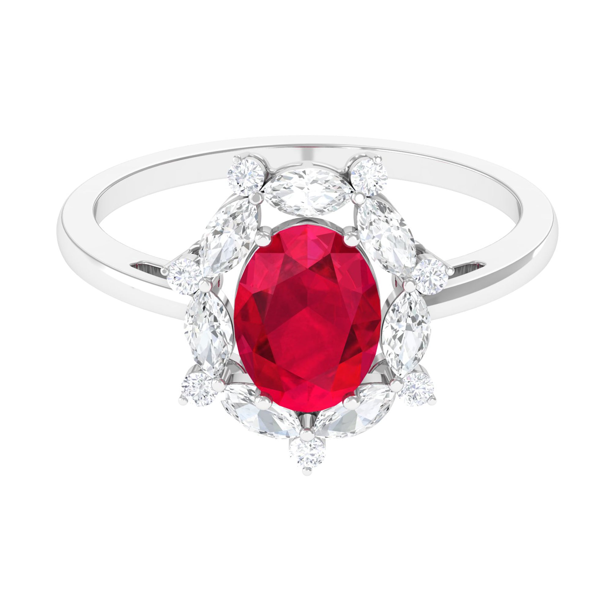 Lab Grown Ruby Designer Halo Engagement Ring with Moissanite Lab Created Ruby - ( AAAA ) - Quality - Rosec Jewels